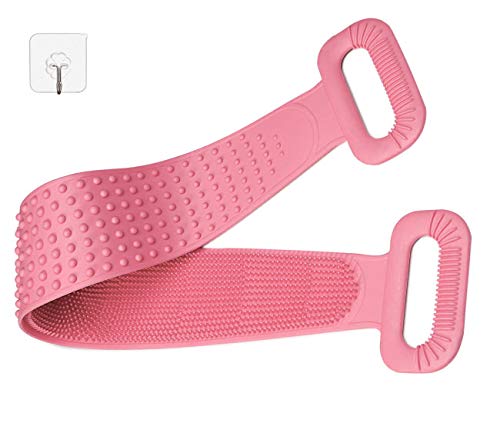 Liaya Silicone Body Scrubber for Shower - Exfoliating Back Brush with Strap for Deep Cleaning - Soft Bath Scrubber for Men & Women (Pink) - Perfect for Exfoliation, Dead Skin Removal & Spa-Like Shower Experience