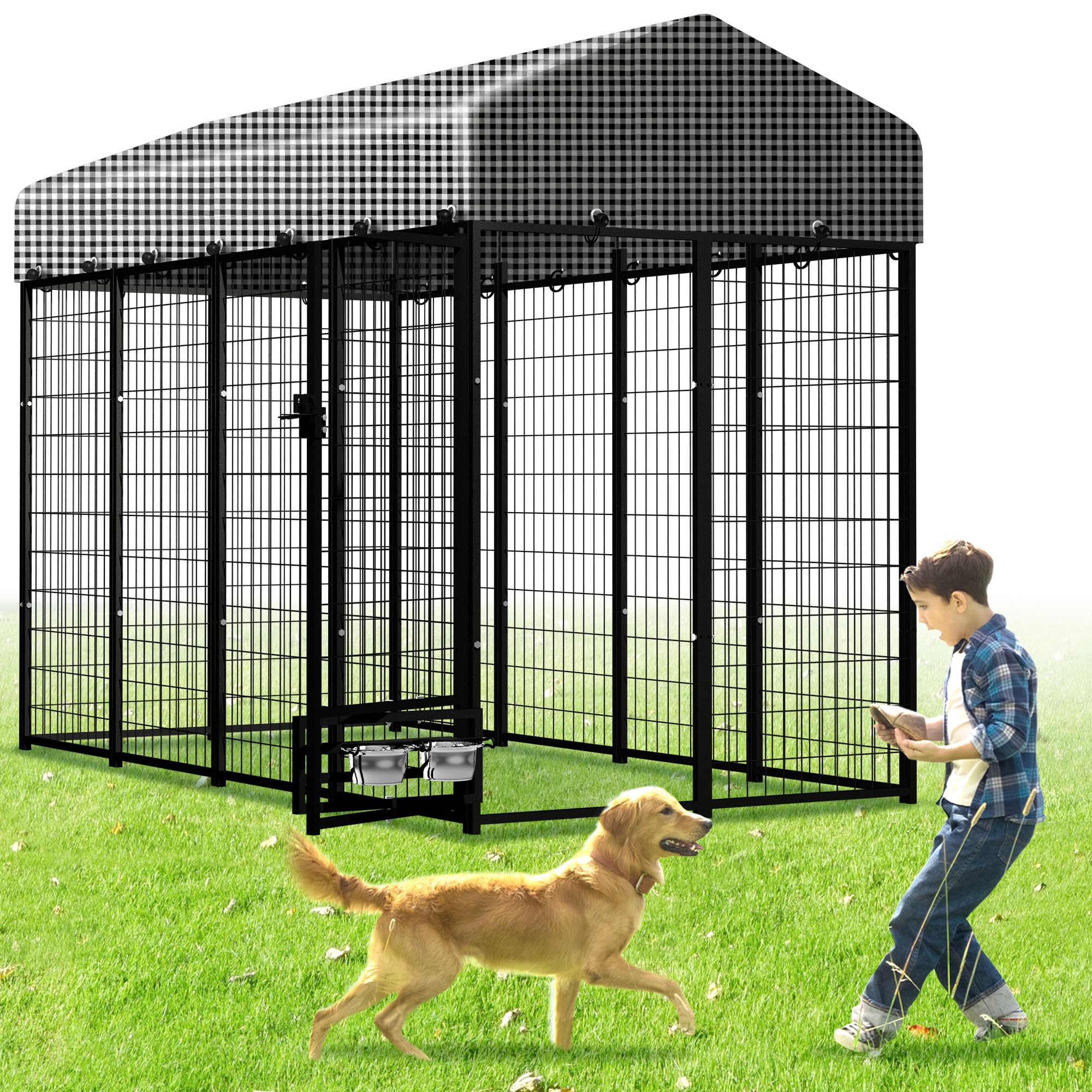 Heavy Duty Outdoor Dog Kennel for Large Dogs - 8'L x 4'W x 6'H Metal Dog Playpen with Roof Cover & Feeding Door - Weatherproof Yard Fence House for German Shepherds, Huskies - Perfect for Backyard, Camping & Outdoor Adventures