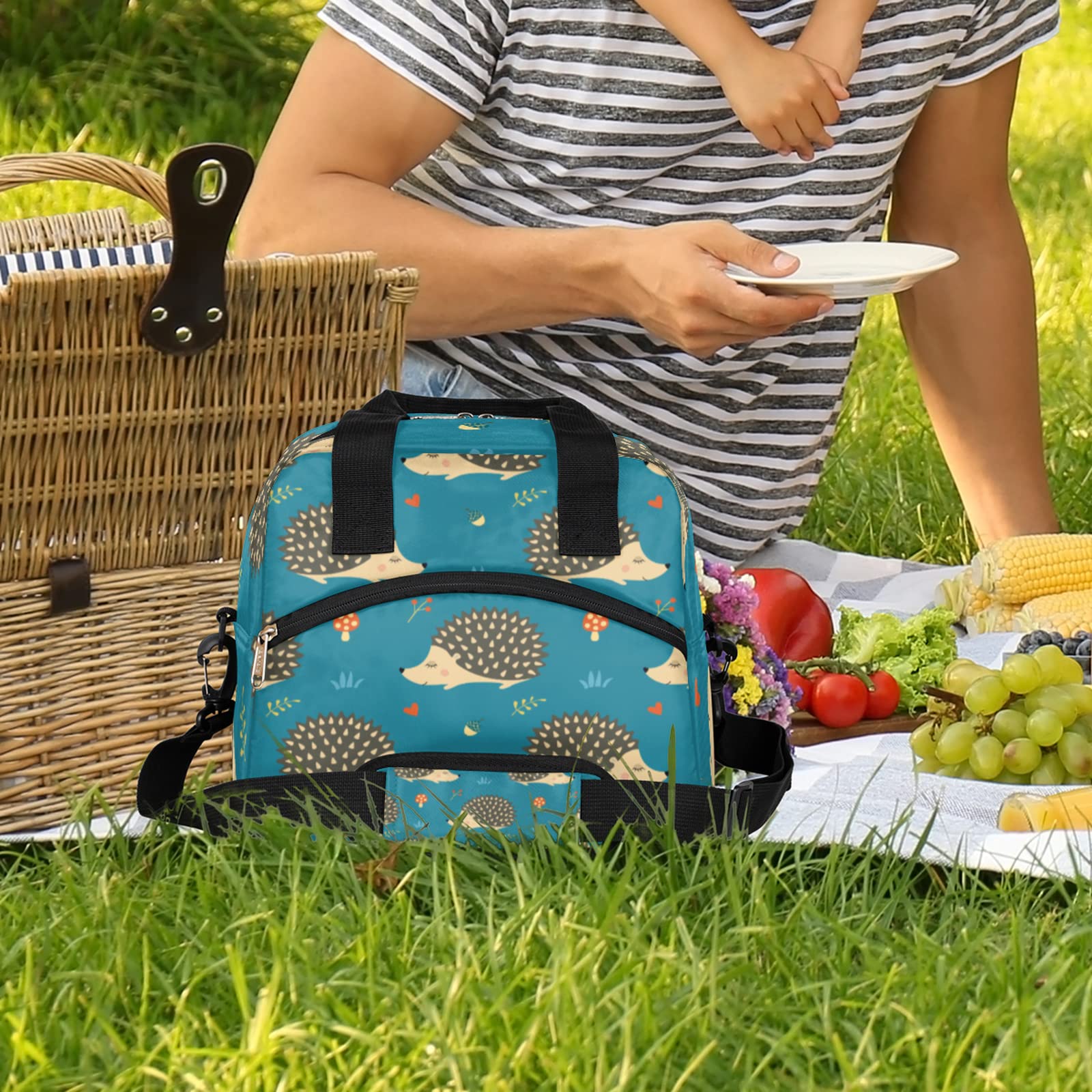 Leakproof Hedgehog Insulated Lunch Bag with Front Pocket & Shoulder Strap - Water-resistant Thermal Cooler Tote for Picnic, Hiking, Beach, Work - Cute Animal Lunch Box for Adults & Kids