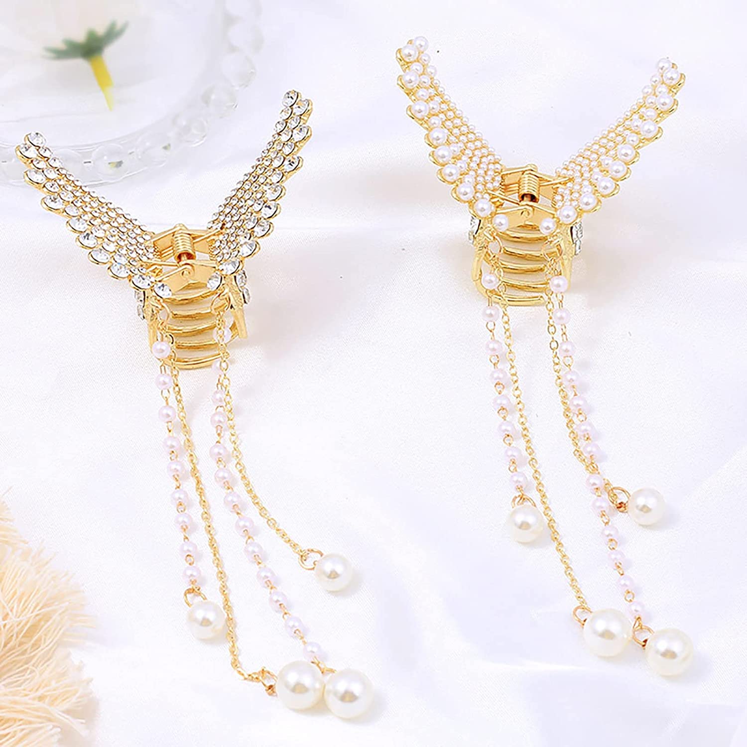 2PCS Rhinestone Butterfly Hair Clips with Tassel Pearl - Elegant Metal Hair Claws for Women & Girls - Perfect for Weddings, Parties & Daily Hair Accessories (Thick & Thin Hair)
