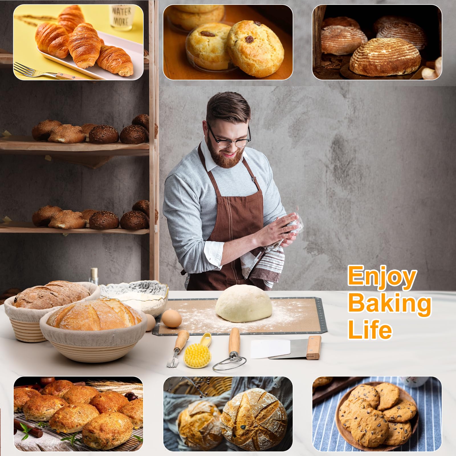 2-Pack 9 Inch Round Banneton Bread Proofing Basket Set with Silicone Bread Sling & Dough Whisk - Perfect for Sourdough Baking, Artisan Bread Making - Ideal Gift for Bakers & Home Bread Making Enthusiasts