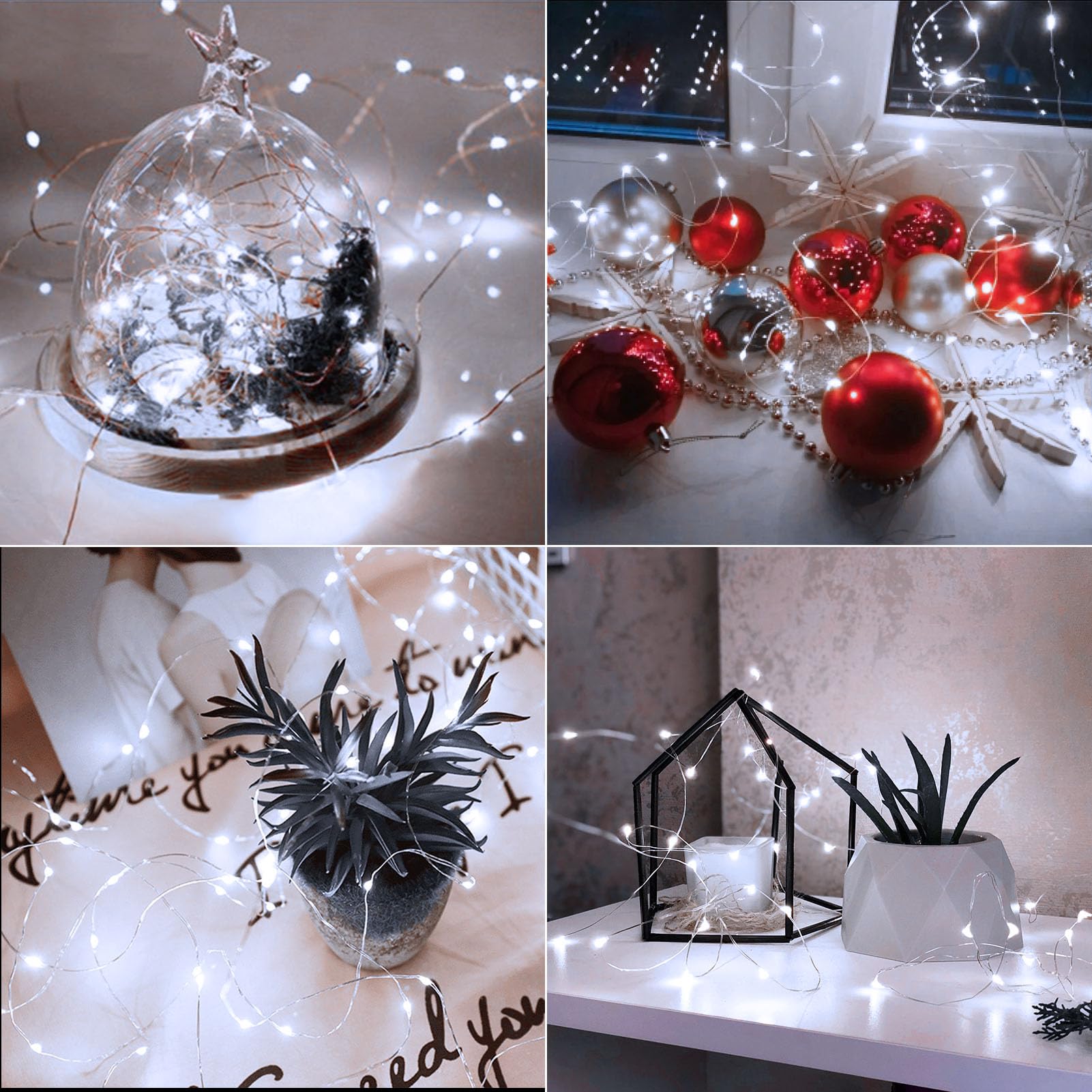 4 Pack 16.4 Ft Battery Operated Fairy Lights - 50 LED Waterproof Christmas String Lights with Auto Timer & 8 Modes, Silver Wire Twinkle Lights for Wedding, Party, Christmas Tree, Home, Garden, and Outdoor Decor (Cool White) - Perfect for Holiday, Bedroom, and Event Lighting