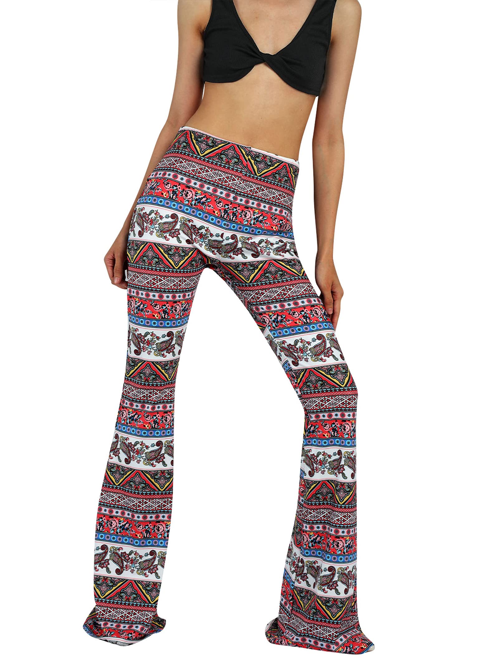 SuiBoLiLi Women's Floral Print High Waisted Bootcut Palazzo Pants - Stretchy Elastic Waist Wide Leg Flare Trousers for Casual, Office & Y2K Fashion Outfits