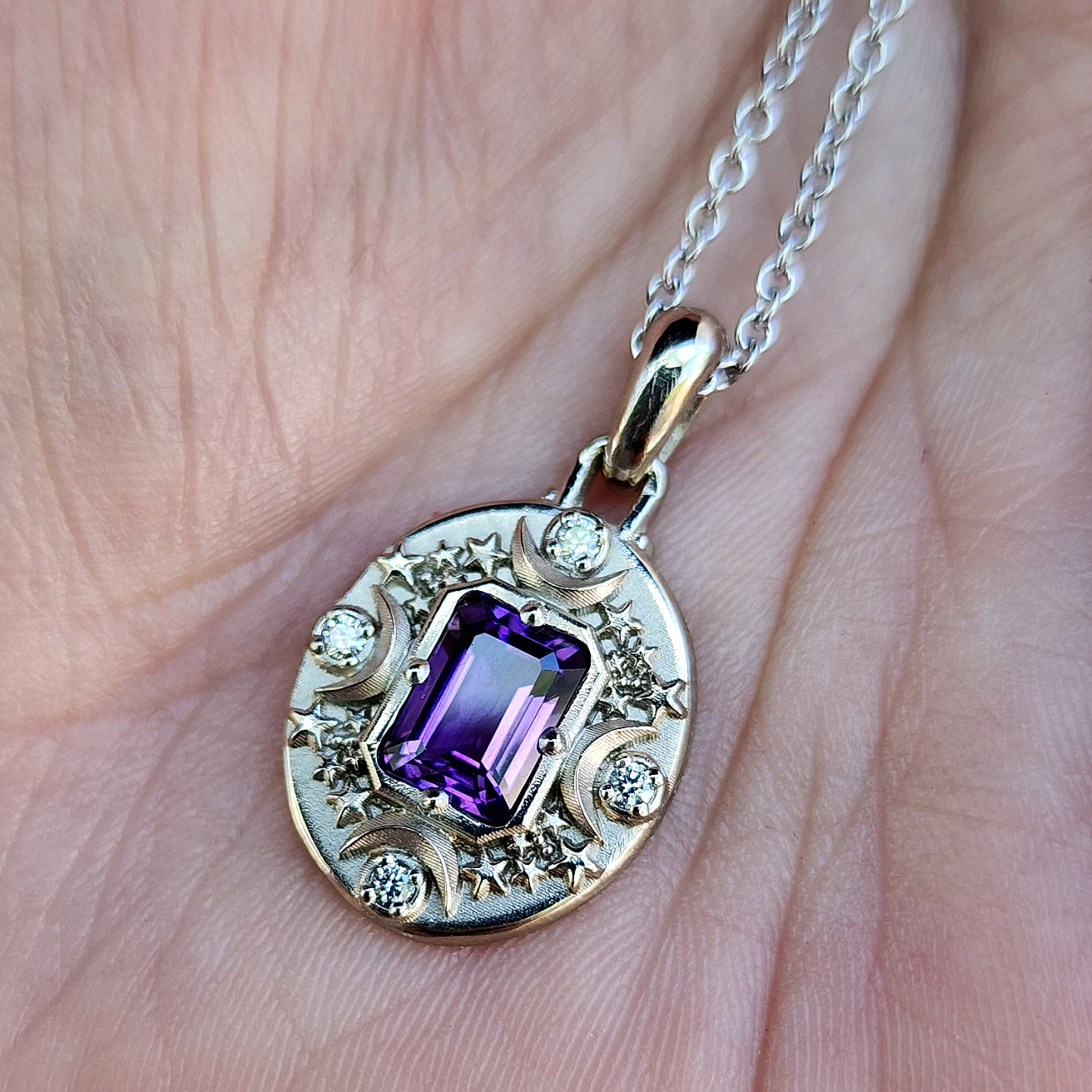 14K Gold Emerald Cut Purple Amethyst & Diamond Crescent Moon Necklace - SwankMetalsmithing Artemis Pendant for Women, Perfect for Spiritual Healing, Yoga Meditation & Boho Fashion Jewelry Gifts