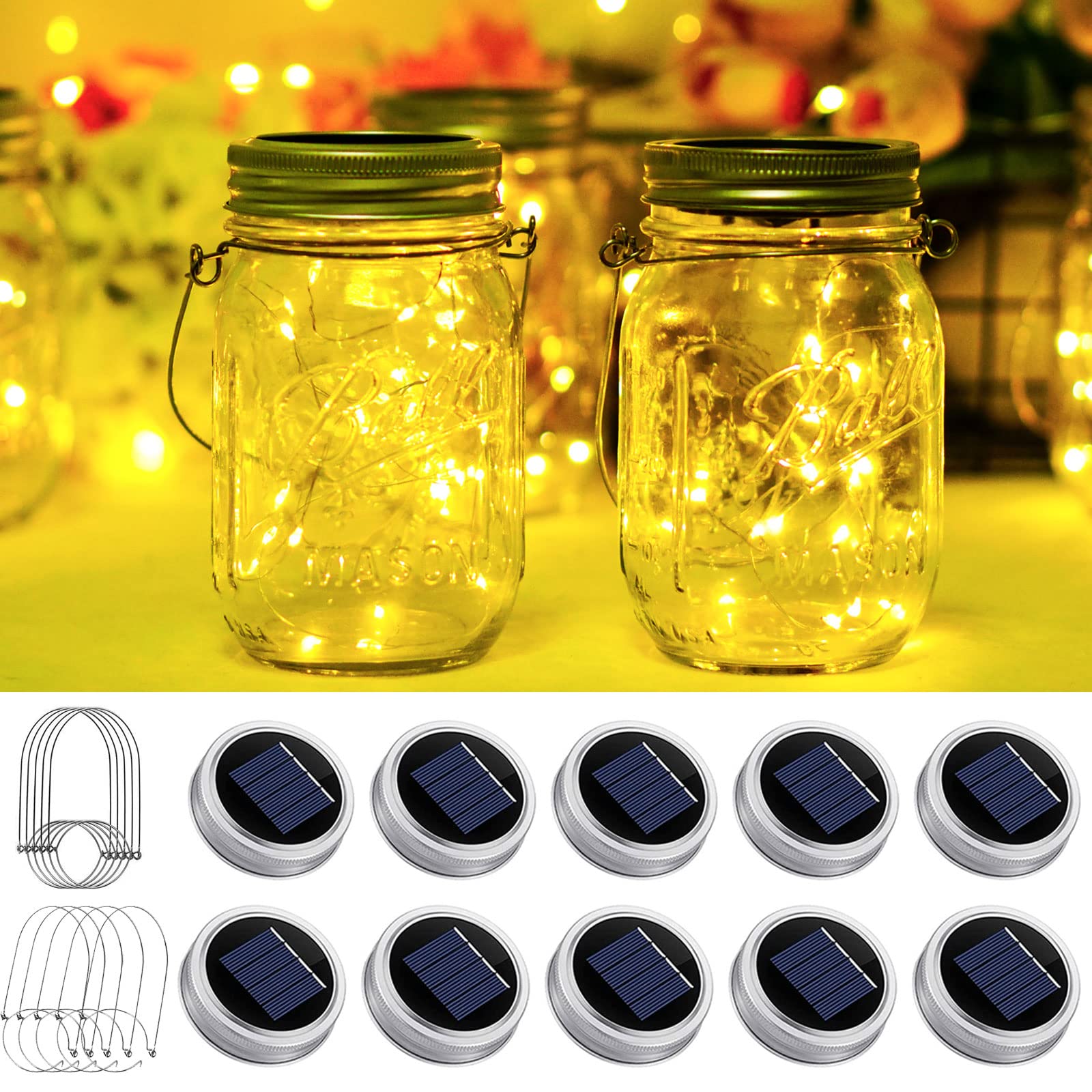 10 Pack Solar Mason Jar Light Lids - 20 LED Fairy String Lights with Hangers, Waterproof & Rust-Resistant for Outdoor Decor - Perfect for Patio, Lawn, Garden, Wedding & Lantern Lighting (Warm White)
