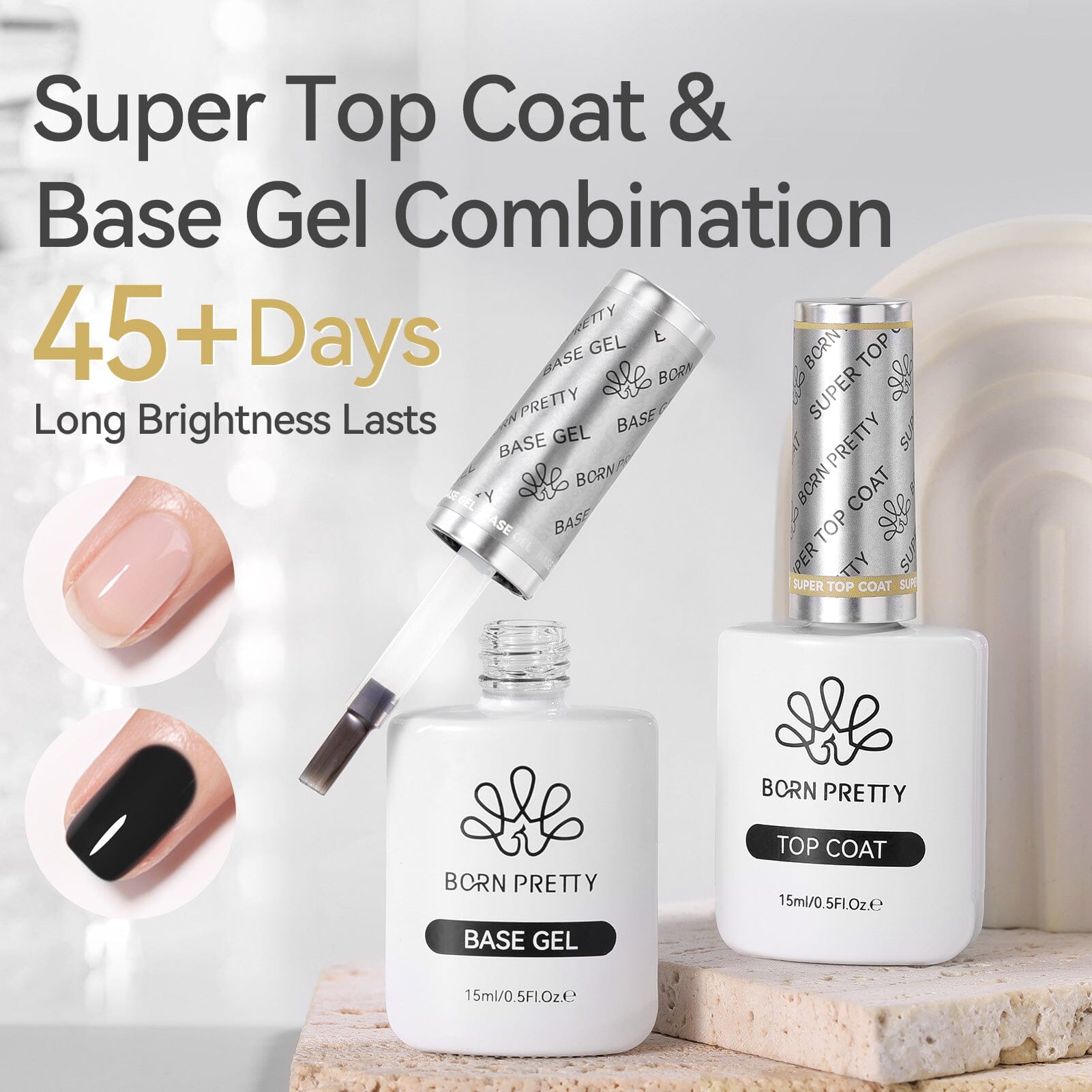 2 Bottles Base Gel Super Top Coat Set 15ml - Long Lasting Nail Polish Kit for Salon & Home Manicure, Perfect for DIY Nail Art & Professional Use