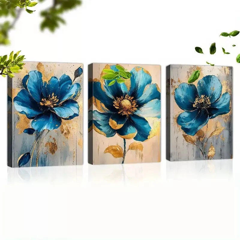 3-Piece Elegant Blue and Gold Floral Art Set - 50x70cm Framed Canvas Wall Decor - High Quality Print - 100% Australian Made - Ready to Hang - Perfect for Living Room, Bedroom, Office Decor