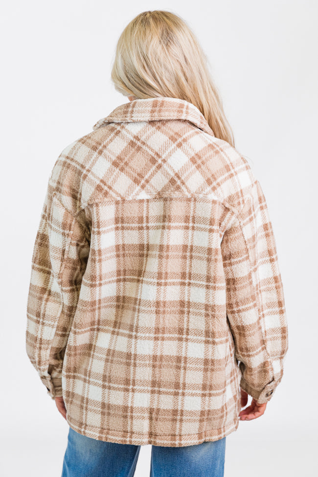 Through The Leaves Khaki Sherpa Plaid Shacket - Cozy Fleece-Lined Overshirt for Men & Women | Perfect for Fall & Winter Outdoor Adventures, Camping, and Casual Wear