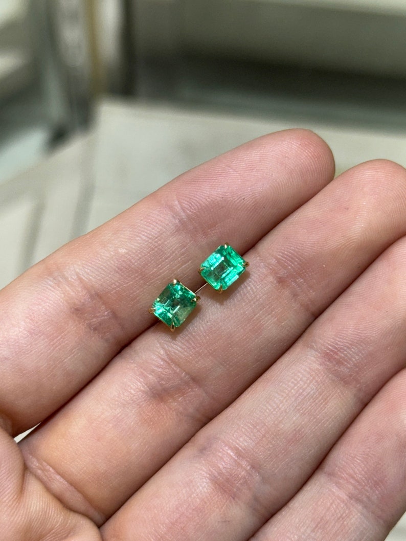 2.21tcw 18K Gold Vivid Green Emerald Cut Stud Earrings for Men & Women | Luxury Prong Set Gemstone Jewelry for Parties, Weddings & Special Occasions