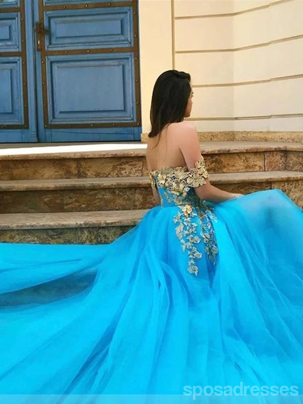 Floral Blue A-Line Off-Shoulder High Slit Long Prom Dresses for Women - Elegant Formal Evening Gowns for Homecoming, Wedding Guest & Special Occasions