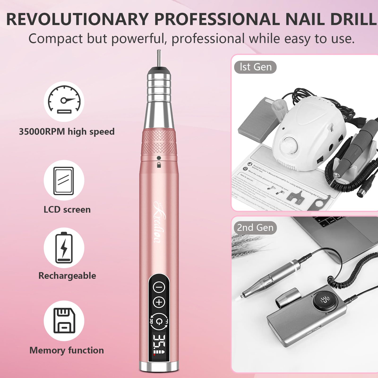 Kredioo 35000RPM Cordless Electric Nail Drill Kit - Rechargeable Portable Nail File with Ceramic Bits & Travel Case for Acrylic, Dip Powder, Gel Polish Removal | Perfect for Home Manicures & Salon Professionals