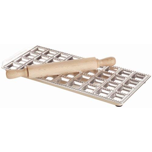 Matfer Bourgeat Stainless Steel Ravioli Maker with Wooden Rolling Pin - Perfect for Homemade Pasta, Dumplings & Italian Cuisine