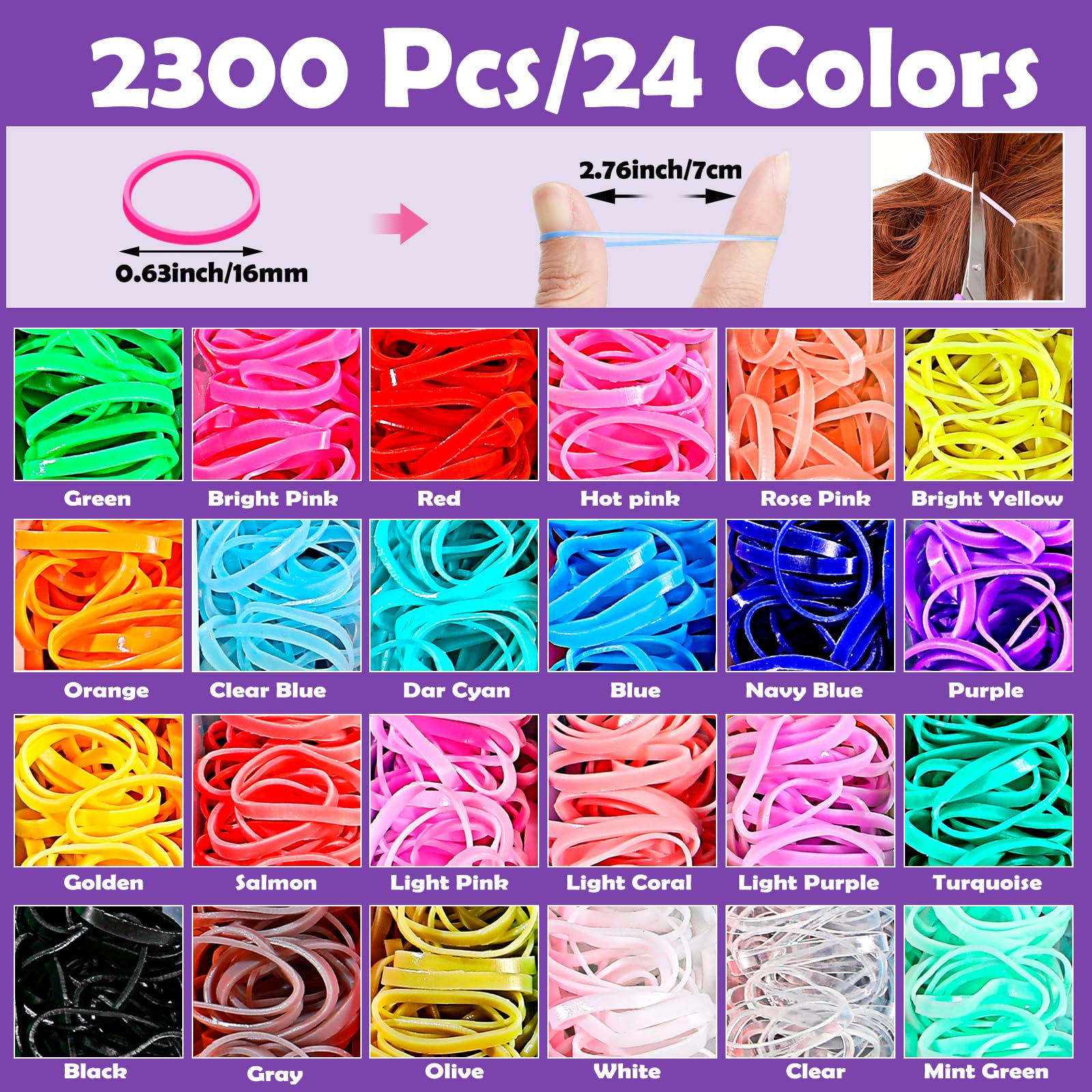 24 Colors 2300 Pcs Mini Rubber Bands for Hair - Elastic Hair Ties for Baby Girls & Kids with 5 Styling Tools & 20 Hair Clips | Perfect for Braids, Ponytails & DIY Hairstyles