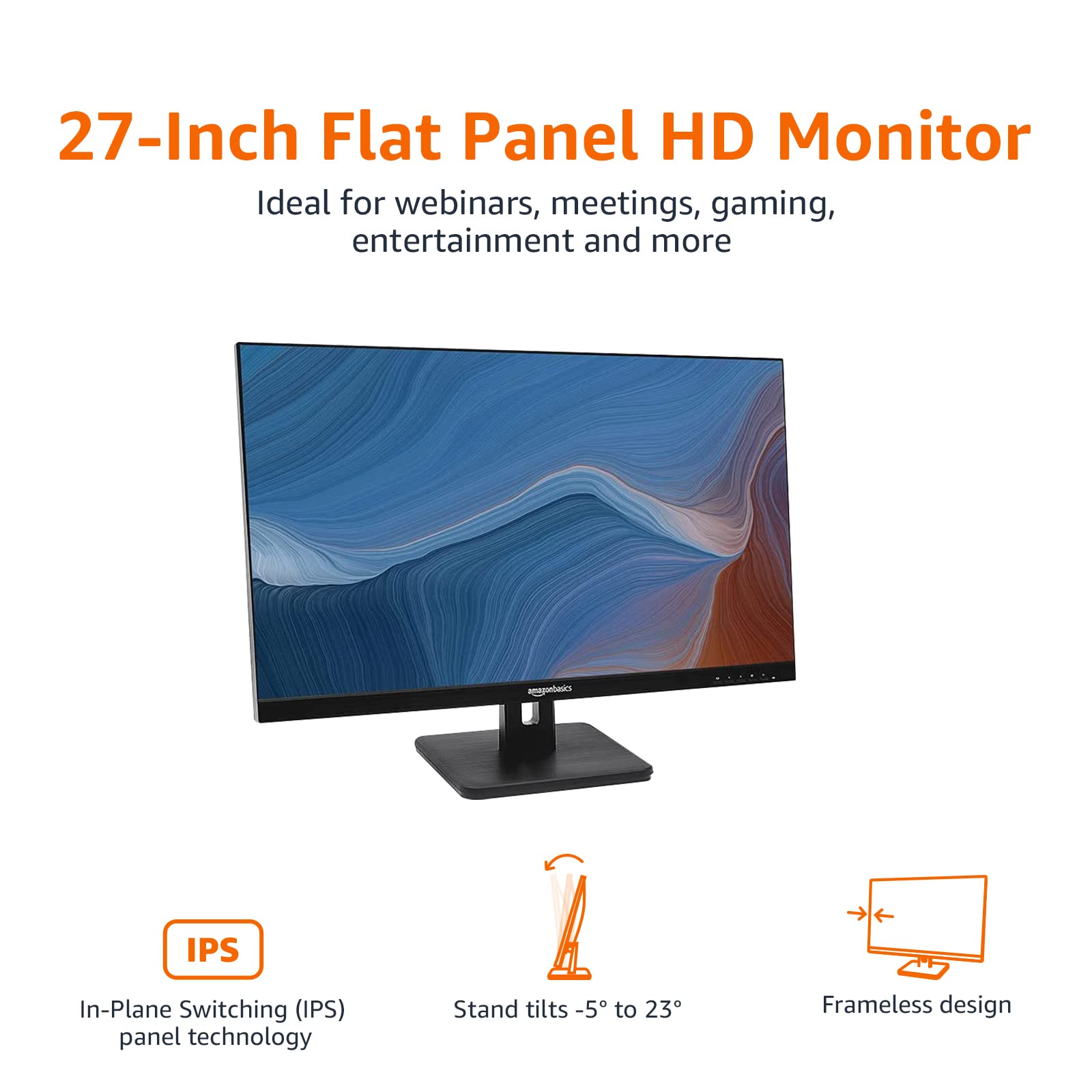Amazon Basics 27-inch IPS Monitor - 75Hz Refresh Rate, FHD 1080P, HDMI/DisplayPort/VGA, VESA Mount, Built-in Speakers - Ideal for Home Office, Gaming & Productivity (Black)