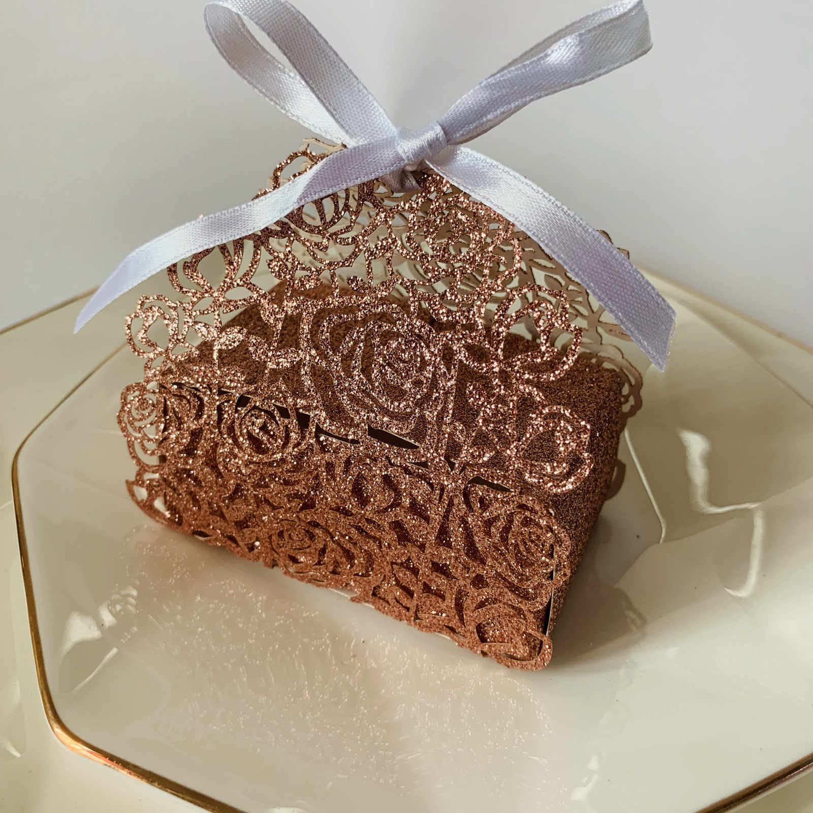 50pcs Rose Gold Mini Baptism Favor Boxes - Laser Cut Wedding Candy Boxes with Ribbons for Christian Baby Shower, Wedding Party Decorations & Gift Giving | Perfect for Baptism Favors, Wedding Souvenirs & Baby Shower Gifts