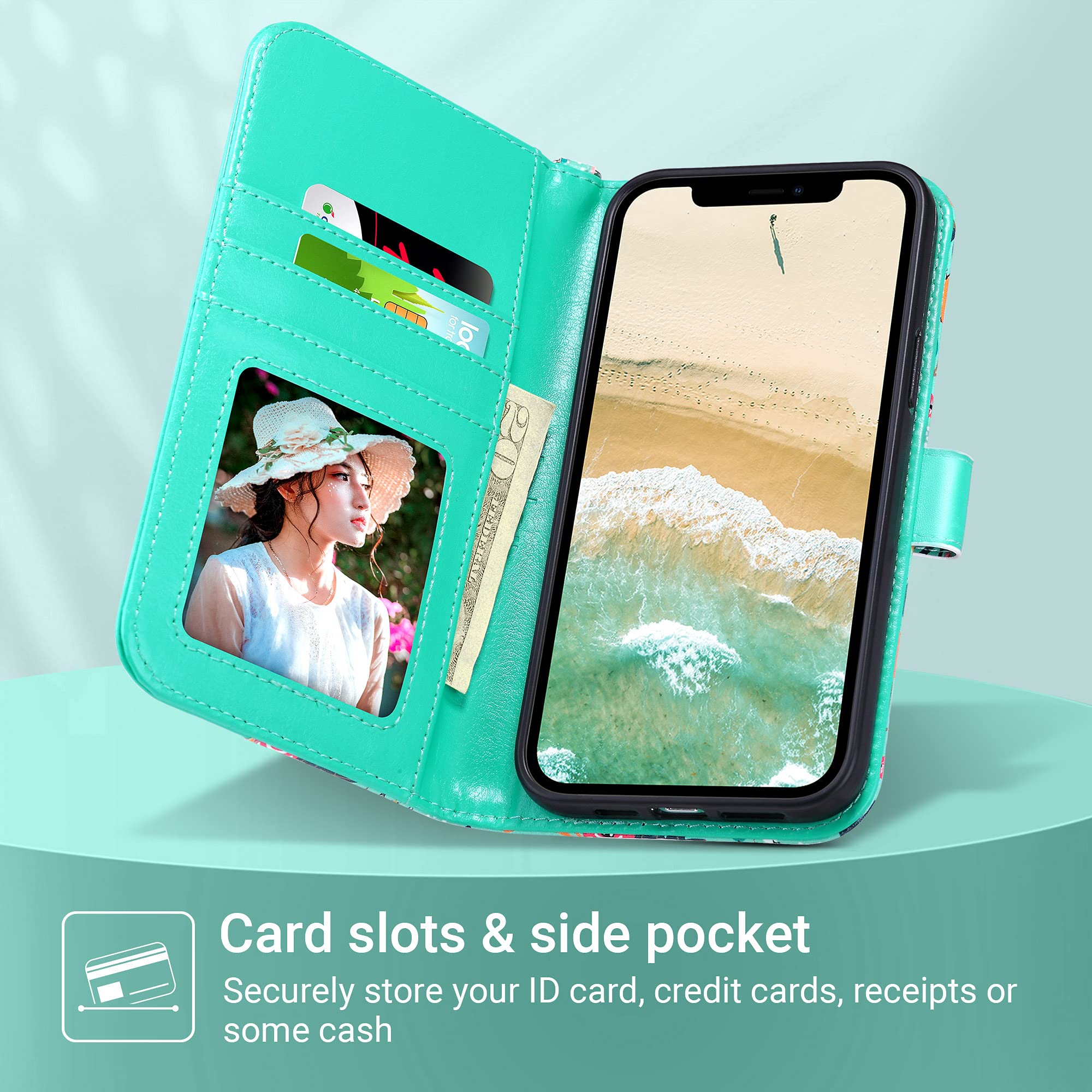 ULAK iPhone 13 Pro Max Wallet Case with Credit Card Holders - Flip PU Leather Kickstand Shockproof Protective Phone Cover for Women (6.7 inch, Mint Floral) - Perfect for Daily Use, Travel & Business Meetings