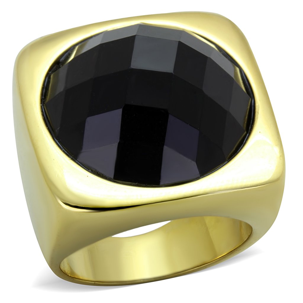 Stylish Round Black Stone IP Gold Cocktail Ring for Women - Elegant Evening Party Jewelry Gift