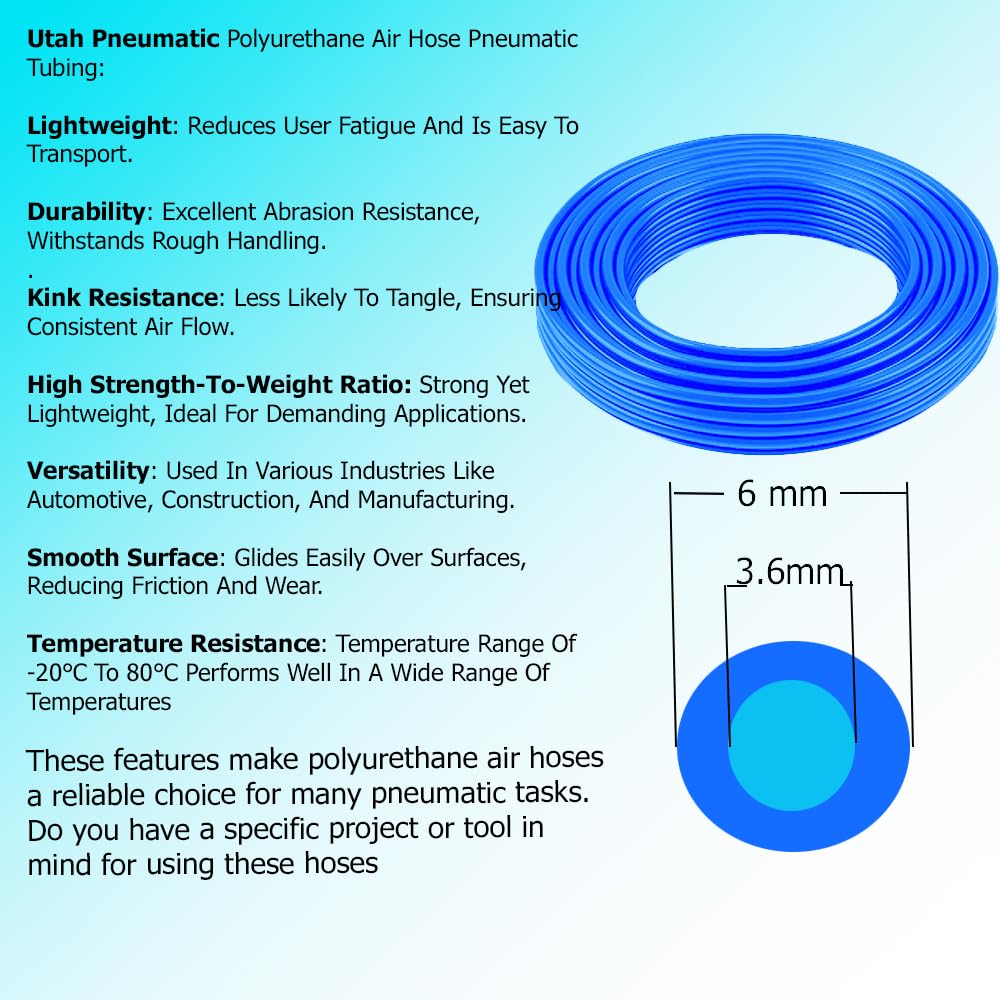 6mm Polyurethane (PU) Air Line Hose - 10m (32.8ft) Blue Tubing for Air Compressors, Pneumatic Tools & DIY Projects - 1 Pack