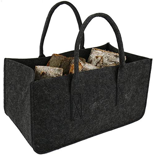 Ecaqlin Firewood Storage Bag - Foldable Felt Firewood Holder Basket with Magazine Rack, Gray - Perfect for Fireplace Wood Storage and Living Room Organization