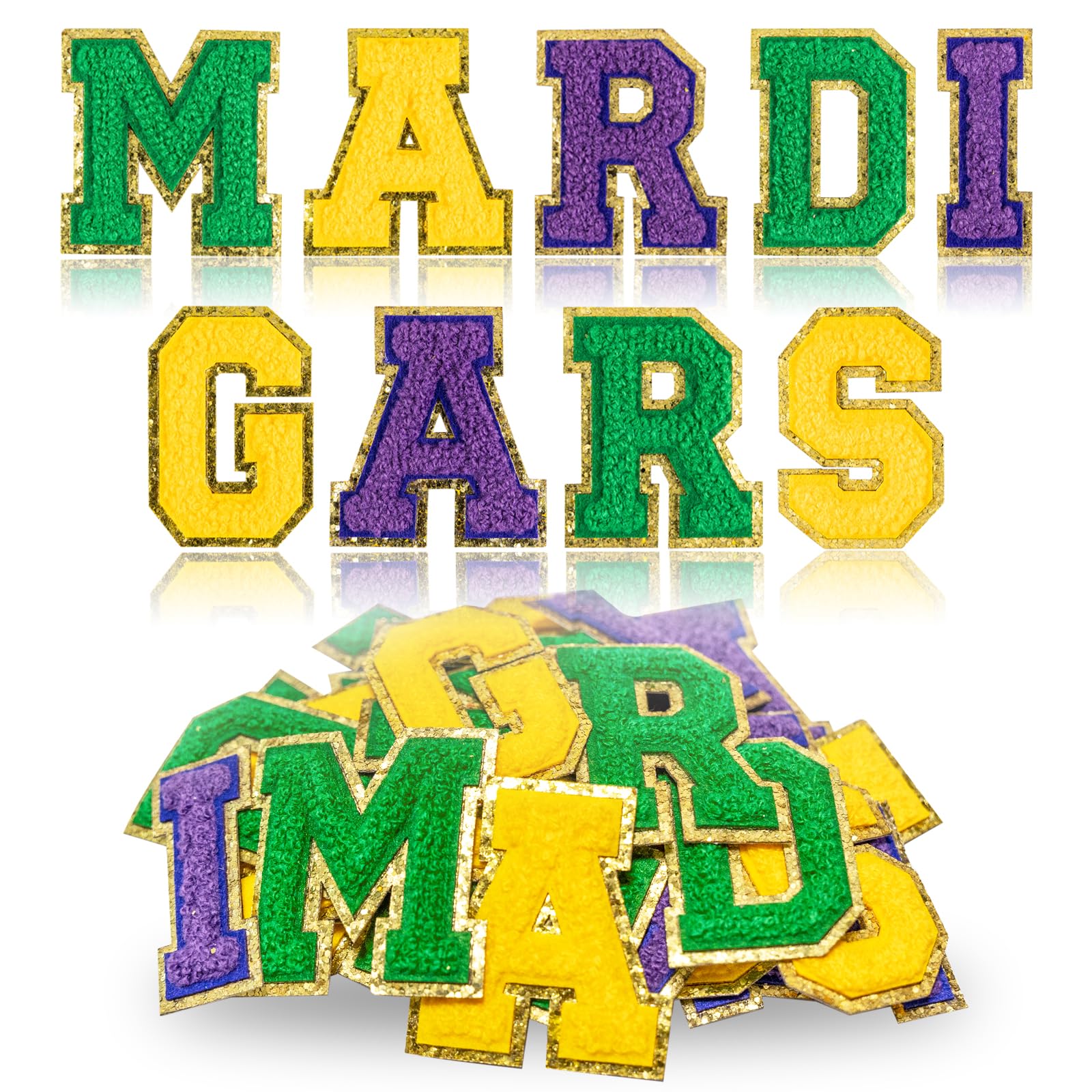 27PCS Mardi Gras Chenille Letter Iron-On & Sew-On Patches 2.1 Inch, Embroidered Applique Patches for Clothing, Bags, Hats, Jackets - Perfect for DIY Crafts, Costume Design, and Festival Decorations (Mardi Gras Party Supplies)