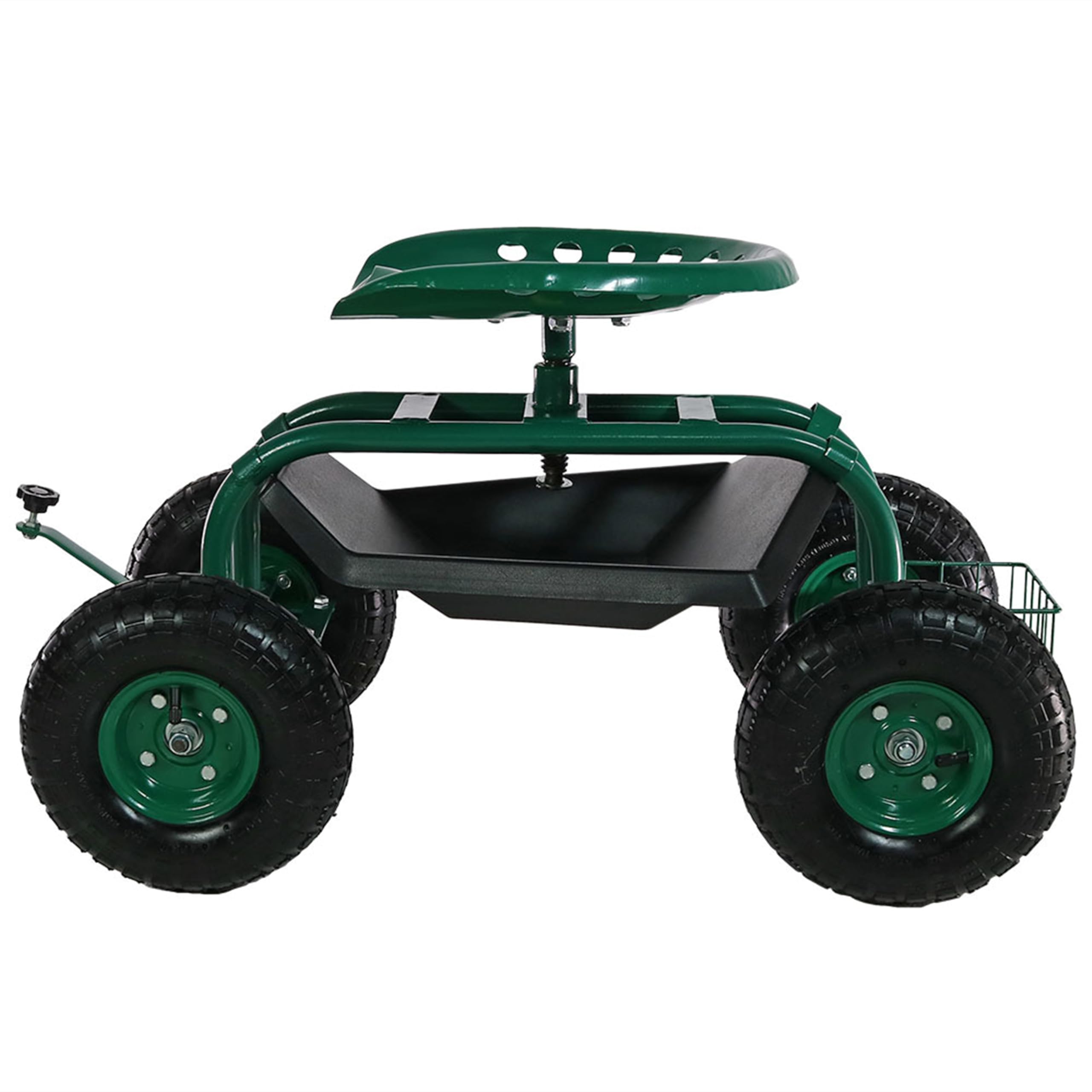 Sunnydaze Rolling Gardening Cart with Adjustable 360-Degree Swivel Seat - Utility Tool Tray & Storage Basket - Green Outdoor Garden Cart for Planting, Weeding & Yard Work