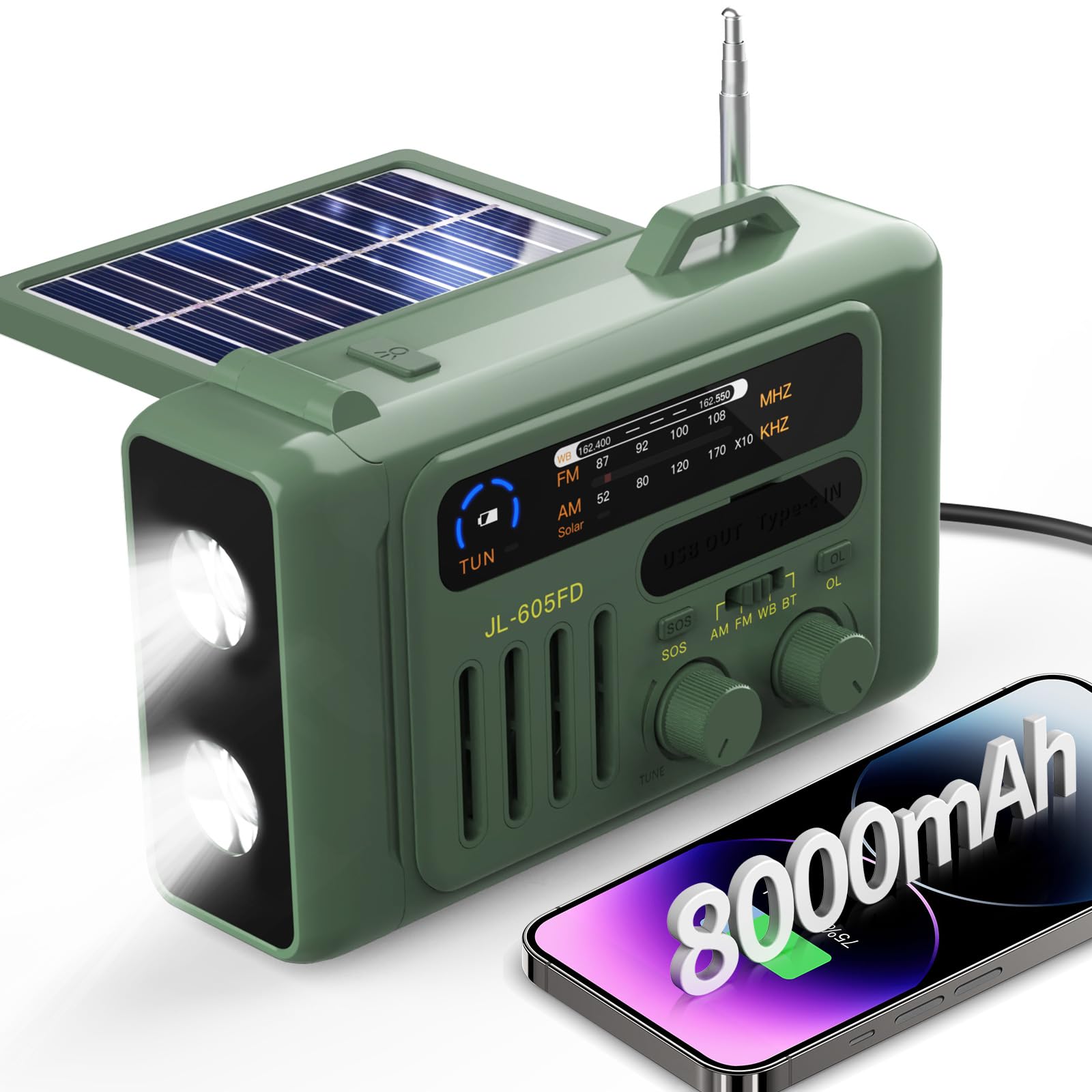 8000mAh Emergency Weather Radio with Solar & Hand Crank - AM/FM/NOAA Portable Radio, Bluetooth Speaker, Flashlight, SOS Alarm & Power Bank - 4-Way Charging for Outdoor Camping, Hiking & Emergency Preparedness (Green)
