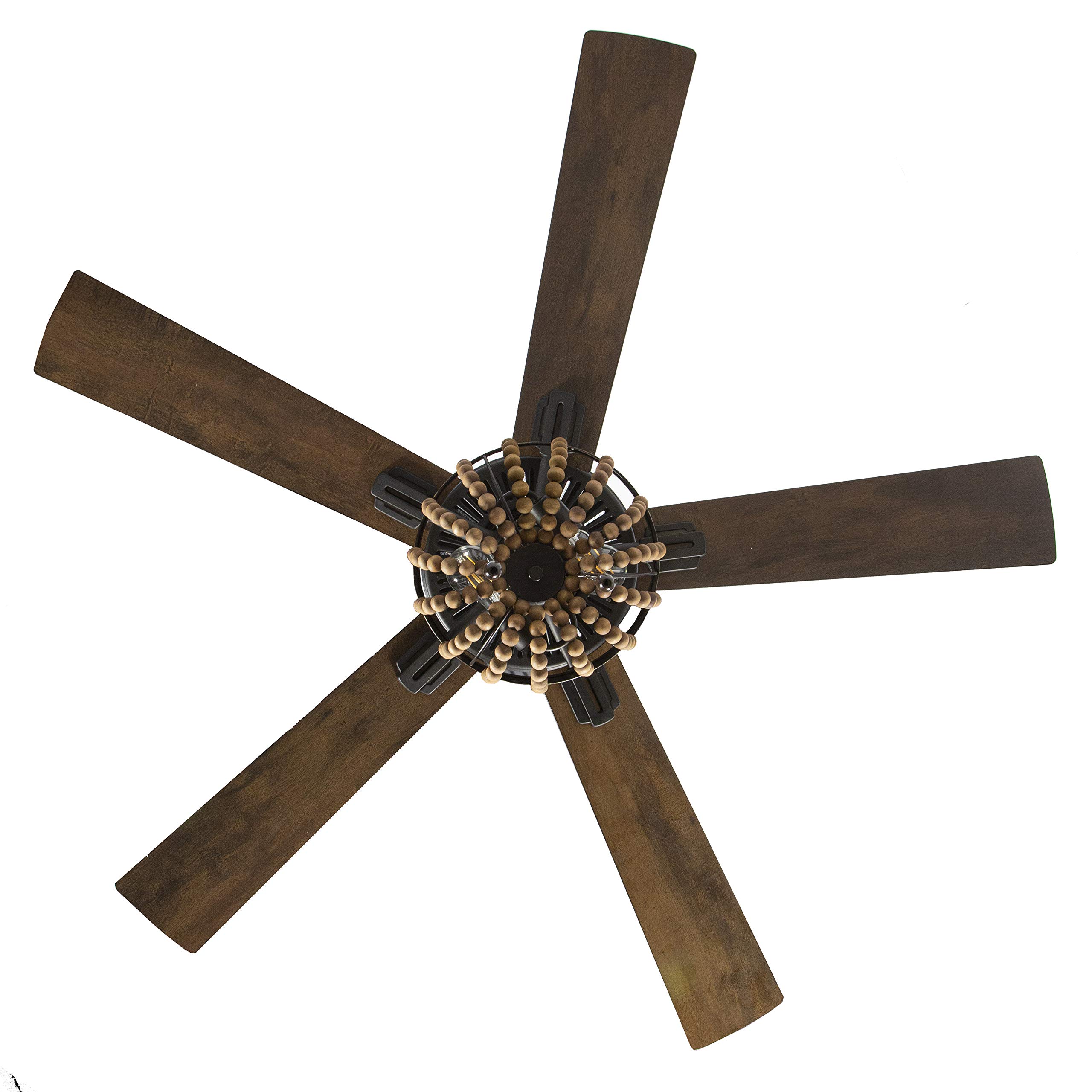 52 Inch Coastal Wooden Bead LED Ceiling Fan with Remote Control - Rustic Brown Finish for Bedroom, Living Room & Porch Cooling & Decor