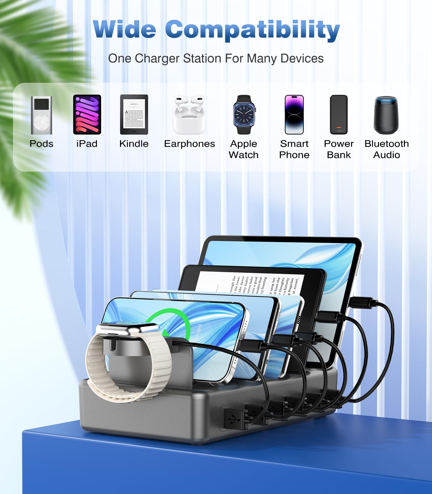 50W Fast Charging Station with 6 Ports & Apple Watch Holder - Multi-Device Charger for iPhone, iPad, Tablet, Kindle - Includes 6 Short Cables (Space Gray) | Perfect for Home, Office & Travel Charging Needs