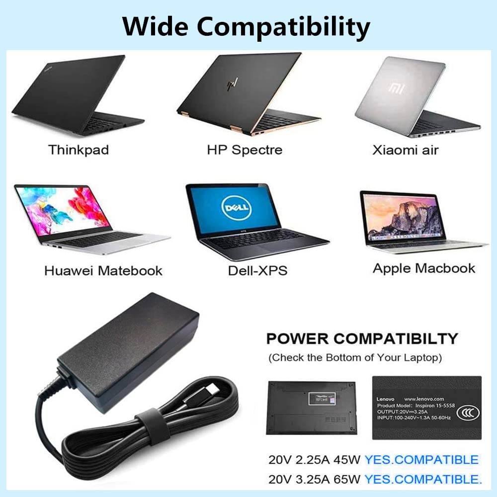65W USB C Laptop Charger - Fast Charging AC Adapter for HP Spectre X360, Lenovo ThinkPad, Chromebook & Smartphones - Universal Type C Charger for Home, Office & Travel