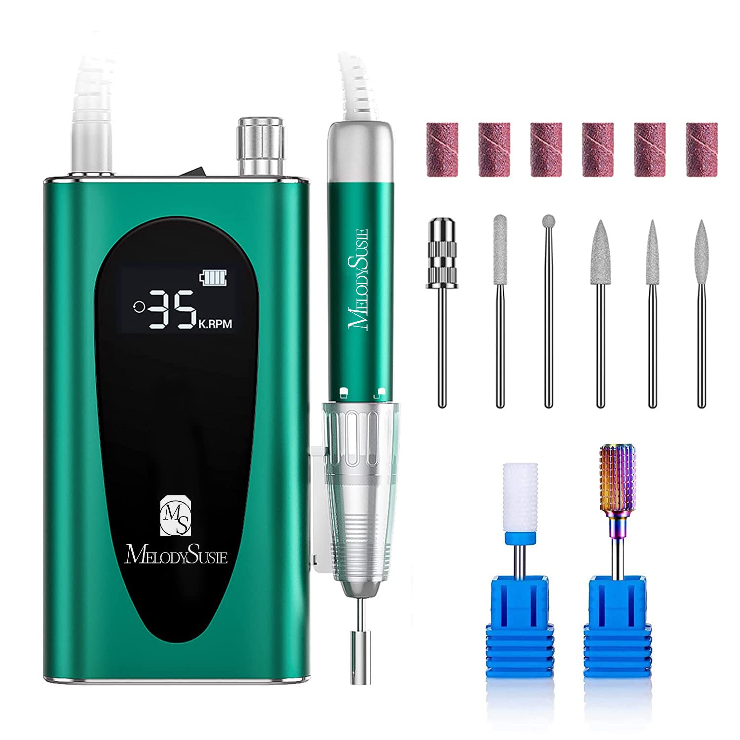 MelodySusie MM400C Professional Cordless Nail Drill - 35000 RPM Rechargeable Electric Nail File for Acrylic & Gel Nails, Includes 8 Drill Bits, Low Noise & Heat - Perfect for Home & Salon Nail Care (Sparkle Plus, Green)