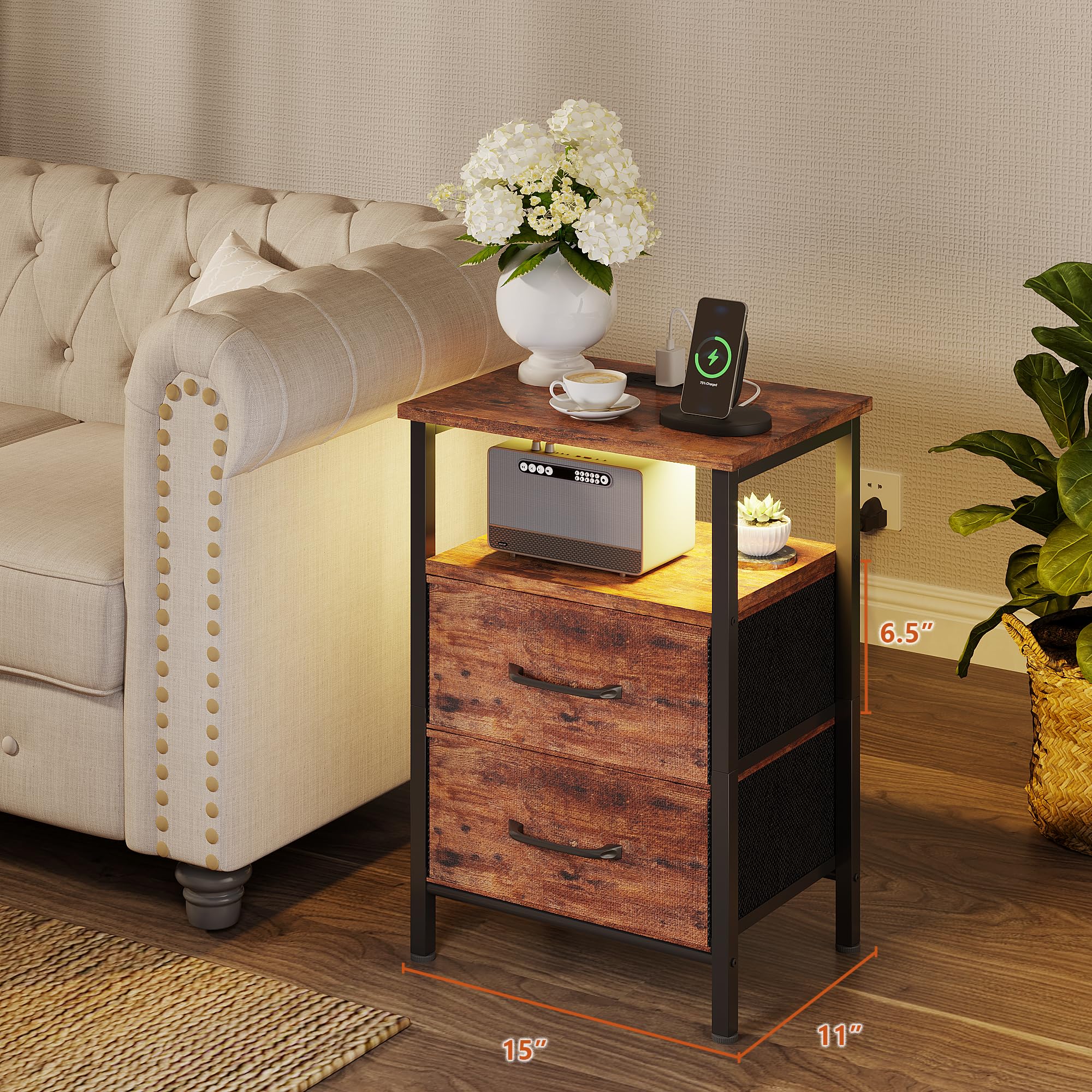 2-Piece Nightstand Set with USB Charging Station & LED Lights - Rustic Brown Bedside Tables with 2 Fabric Drawers & Open Shelf - Perfect for Bedroom, Living Room, or Dorm Organization & Storage