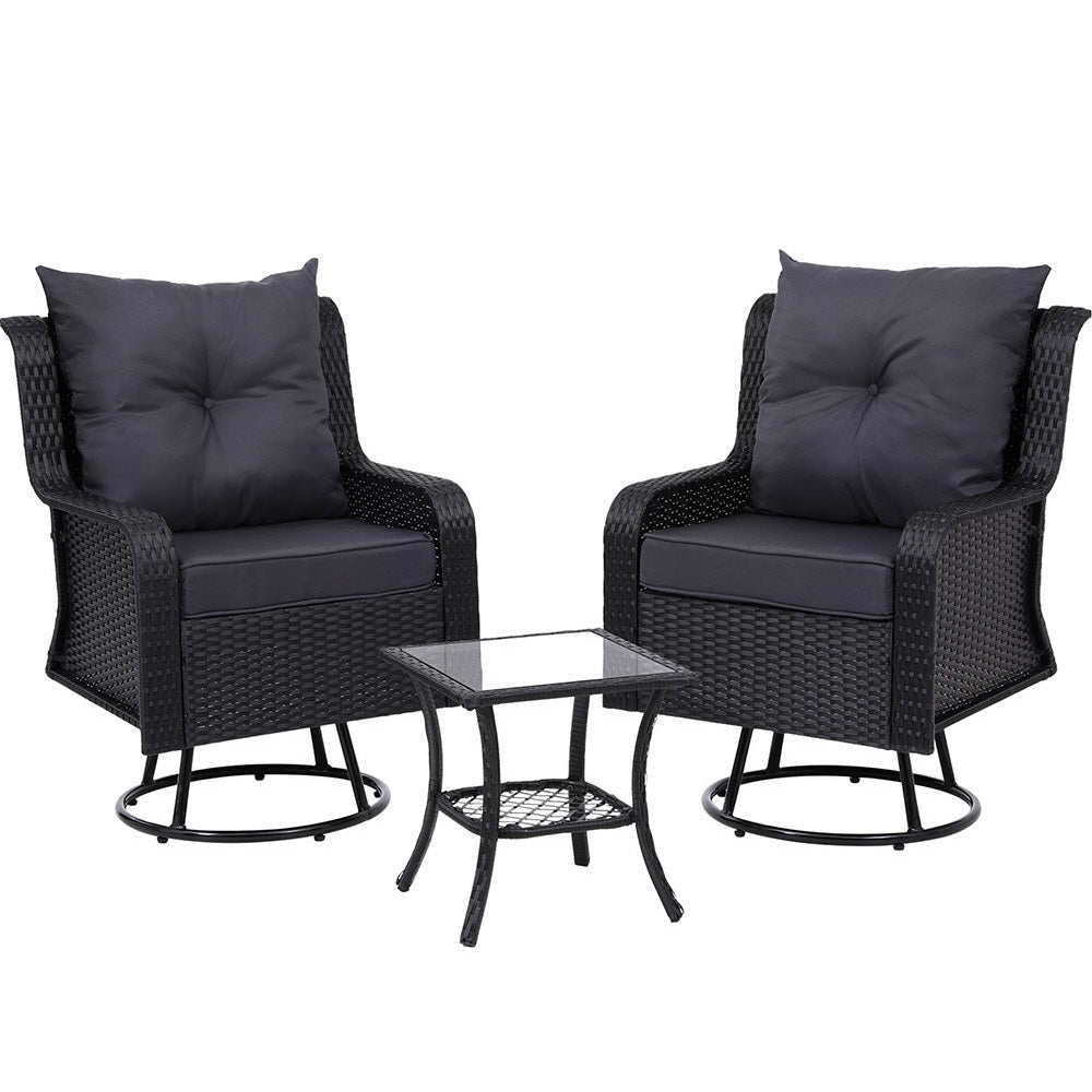 3-Piece Outdoor Patio Bistro Set with Wicker Swivel Chairs, Side Table & Cushions - Brown Rattan Garden Furniture for Balcony, Deck, Poolside or Backyard Relaxation