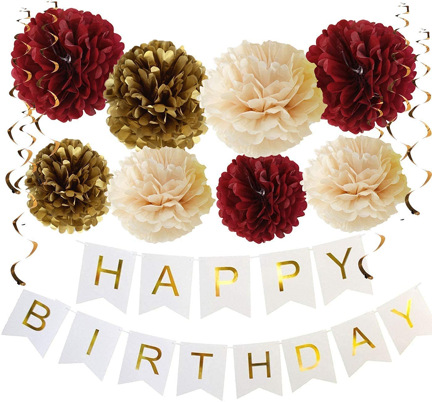 Burgundy Gold Birthday Party Decorations Set - Elegant Champagne Gold Tissue Pom Poms & Happy Birthday Banner - Perfect for Women's Birthday, Fall Celebrations & 30th Birthday Parties - Great for Home Decor, Baby Showers & Anniversary Events