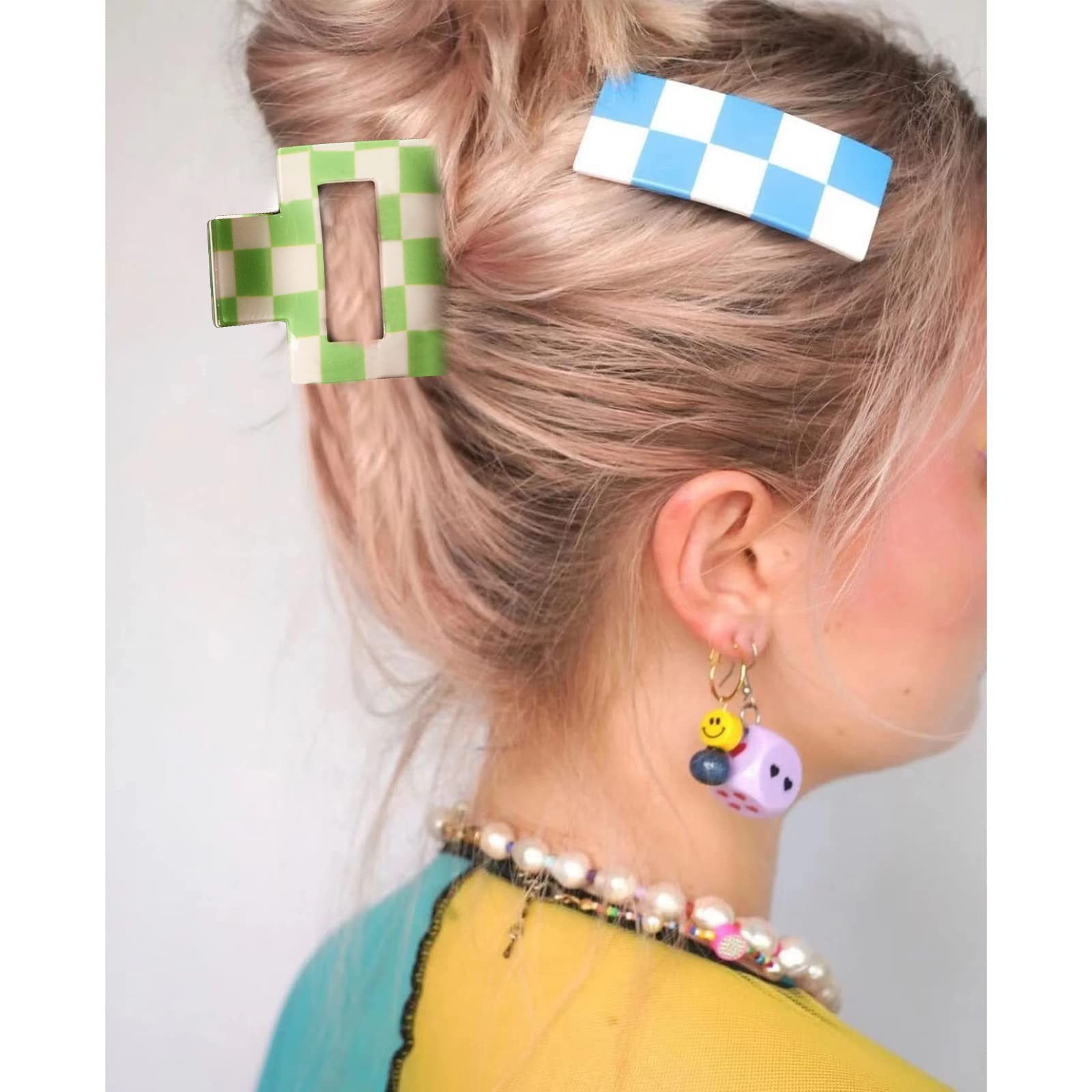 4 PCS Checkered Hair Clips for Women - Non-Slip Hair Claw Clips (1.9 x 1.9 x 1.4 inches) for Thin or Thick Hair - Y2K Aesthetic Hair Accessories Gift Set - Perfect for School, Work, Parties & Everyday Styling