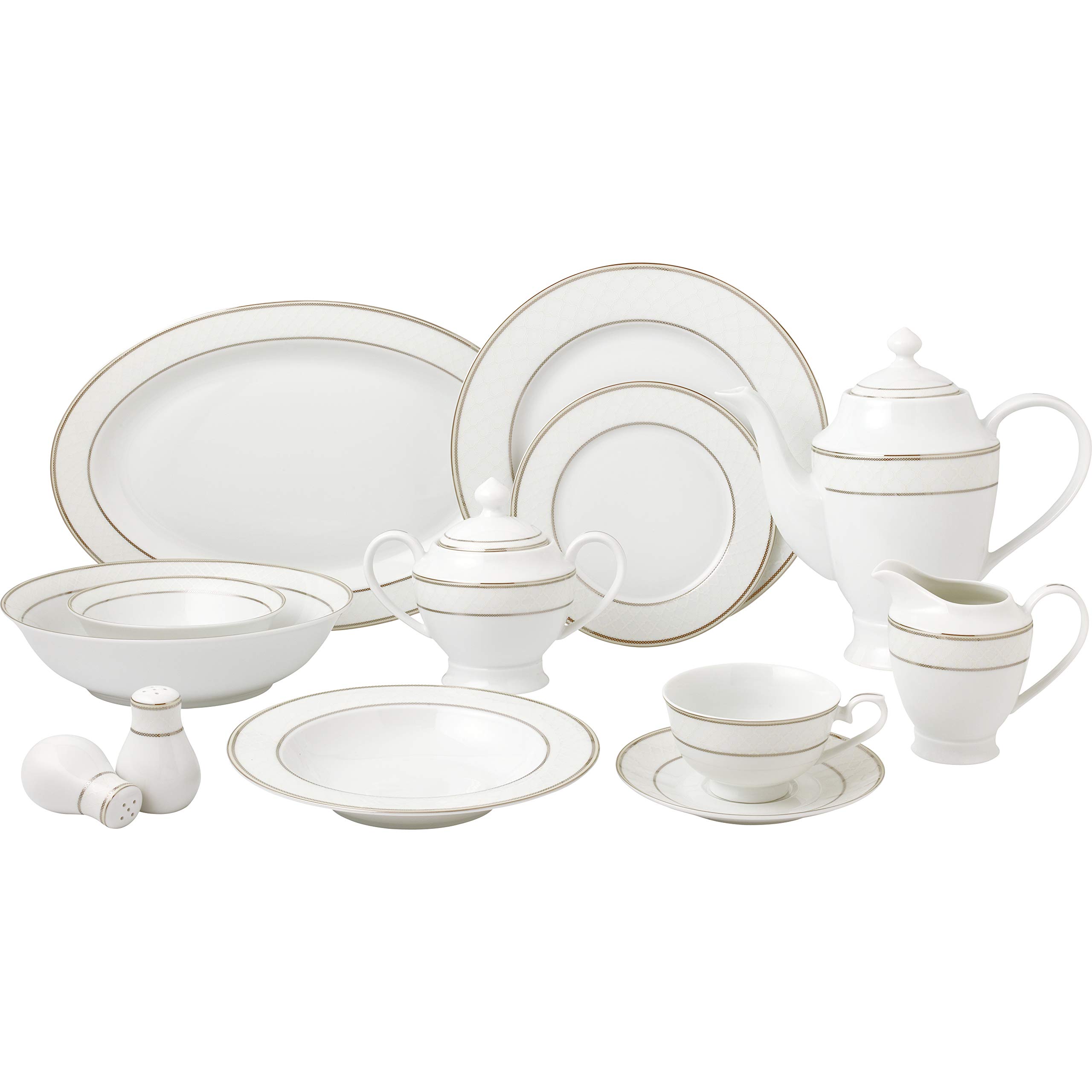 57-Piece Elegant Bone China Dinnerware Set for 8 - Silver Trim, Formal Dining & Special Occasions