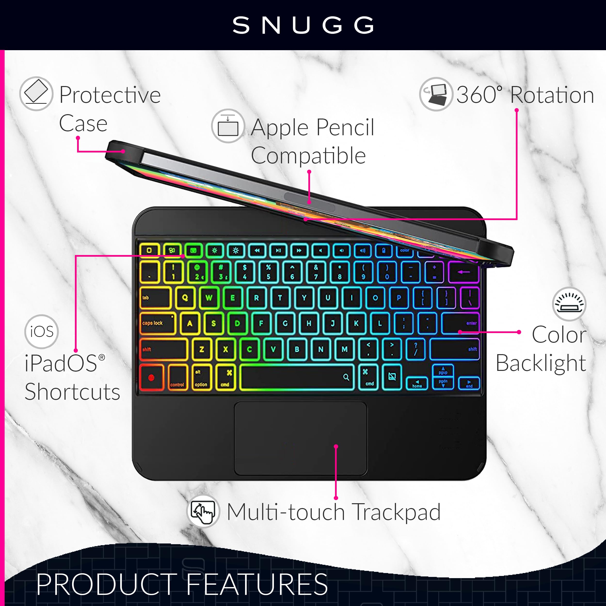 Snugg iPad Air 11 Inch Keyboard Case with Backlit Trackpad - 360° Rotatable Protective Cover for iPad Air (Black) | Perfect for Work, Study & Travel