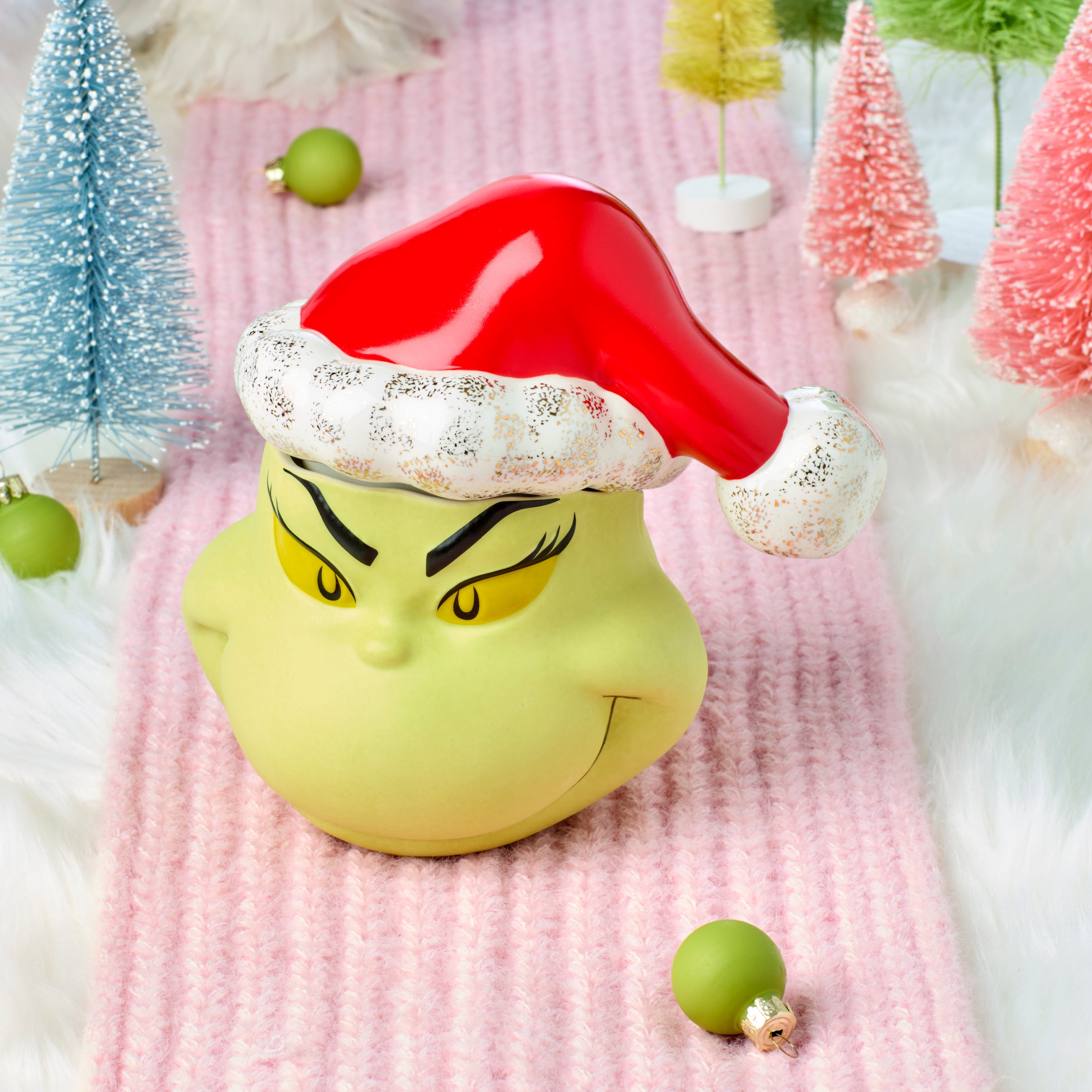 Merry Grinchmas Covered Candy Jar - Festive Holiday Treat Storage for Christmas Parties, Office Decor & Gift Giving