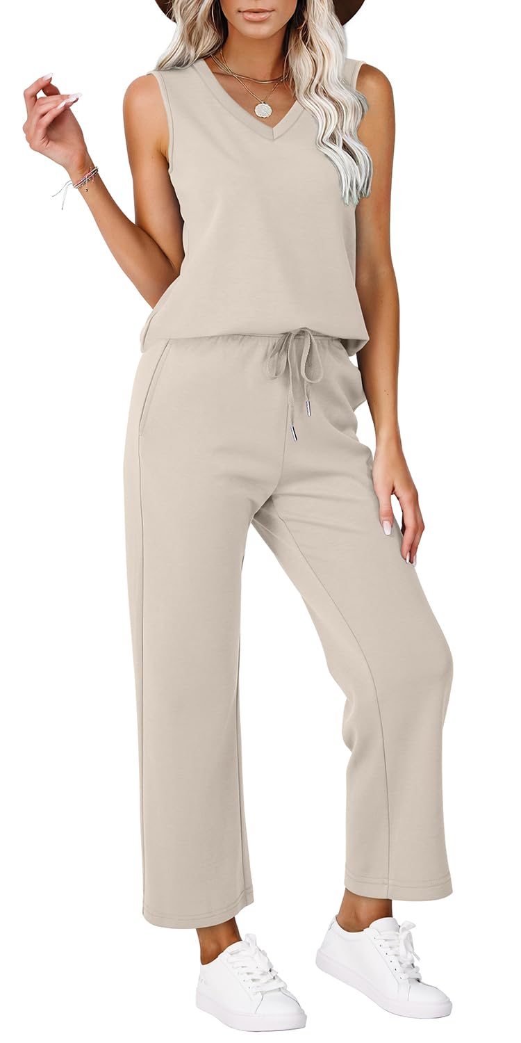 WIHOLL Women's Summer Two Piece Outfit Set - Trendy V-Neck Lounge Wear & Vacation Matching Sets for Beach, Travel & Casual Wear