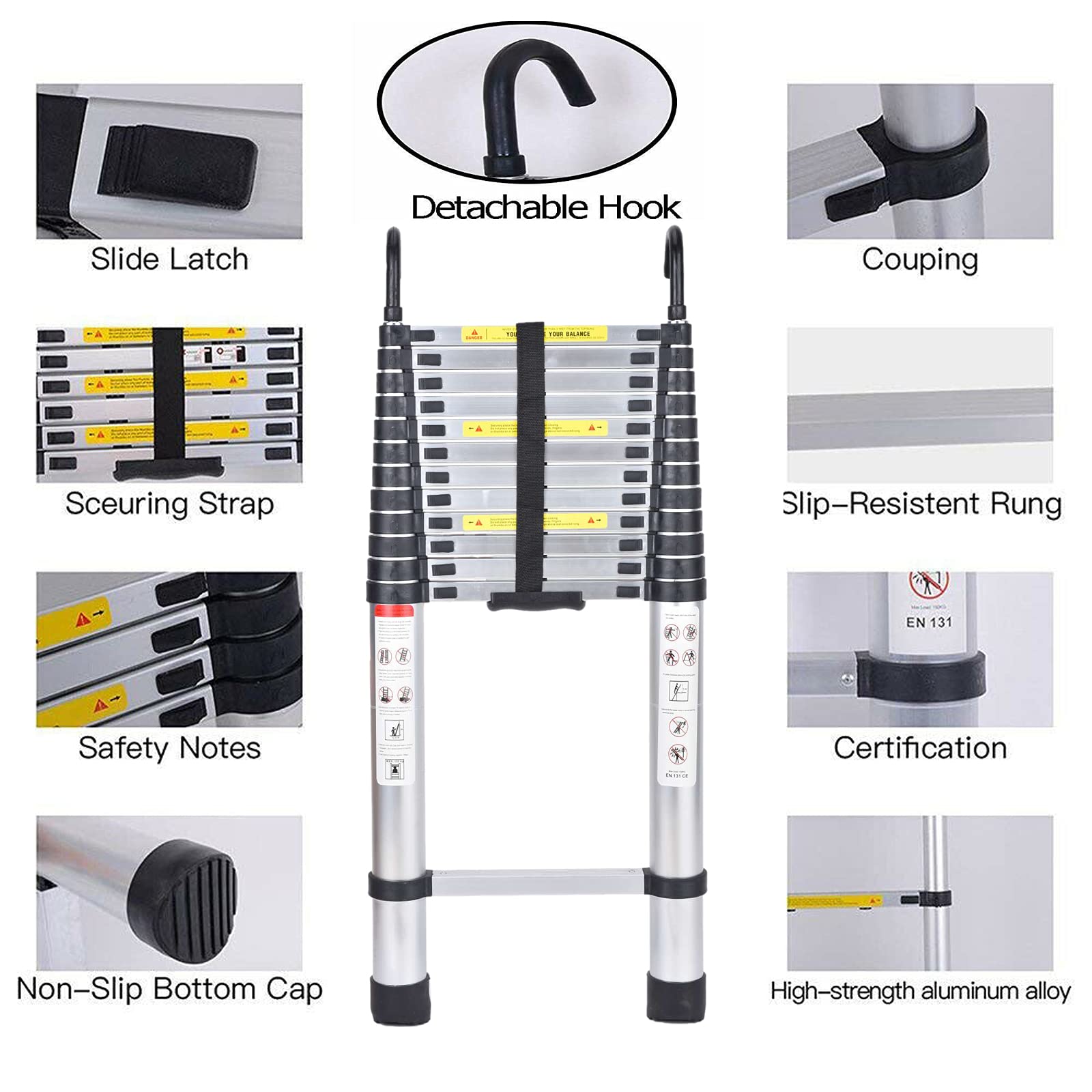 16.4ft Aluminum Telescoping Ladder - EN131 Certified Extension Ladder with 2 Detachable Hooks | 330lbs Max Load | Lightweight & Compact Folding Ladder for Roof Access, Ceiling Work, Home Maintenance, and Outdoor Projects