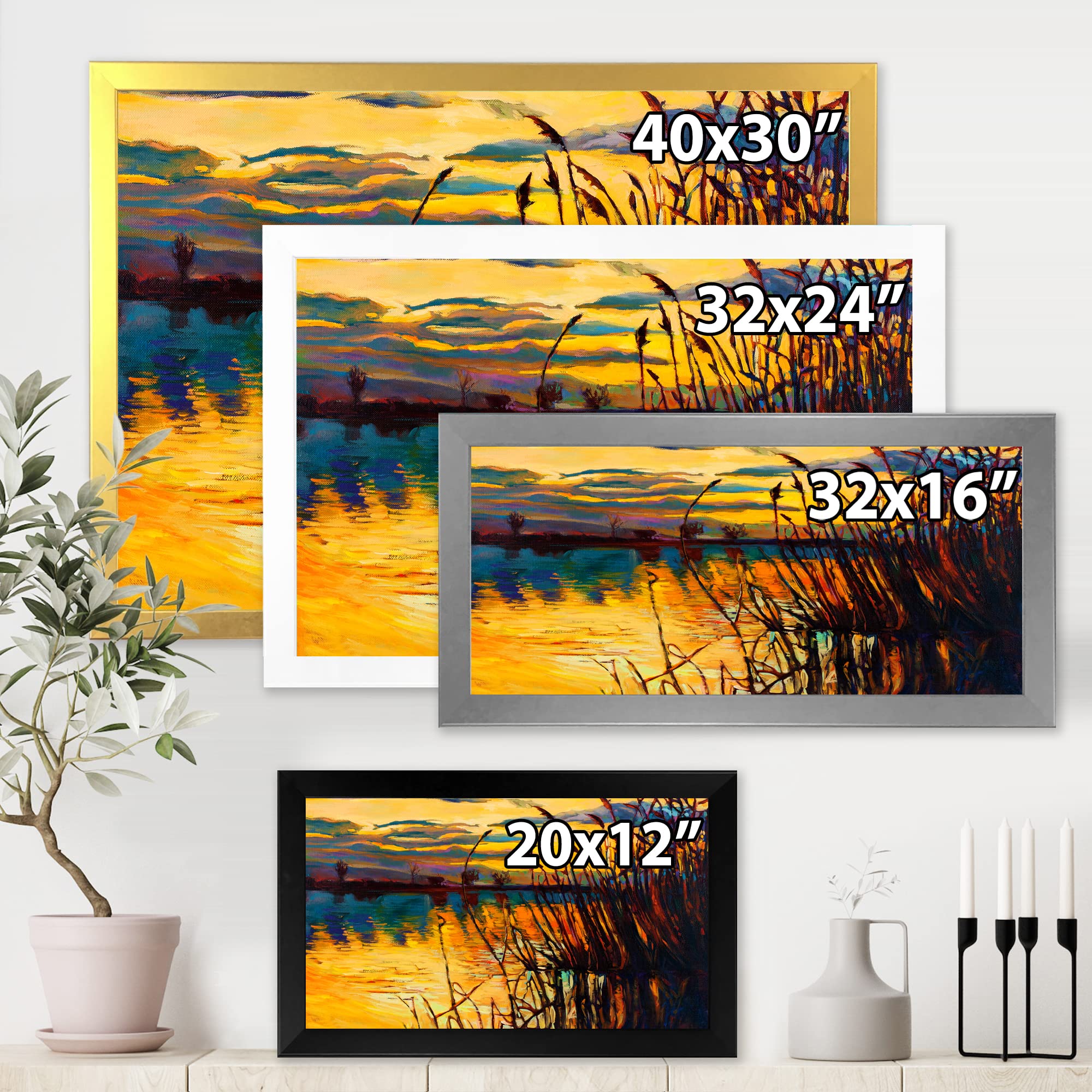Yellow Sunset Through The High Grass By The Lake - Coastal Framed Wall Art Decor for Living Room, Bedroom & Office - Nautical Landscape Painting for Home & Office Decor