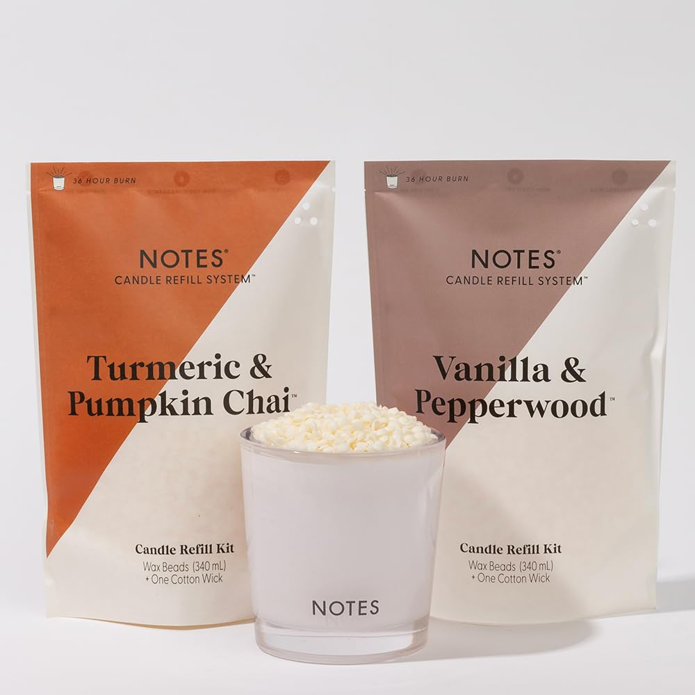 NOTES Sustainable Candle Starter Kit - Eco-Friendly Refillable Candles with Warm Cozy Duo Scents | 100% Natural Soy Wax | Turmeric Pumpkin Chai & Vanilla Pepperwood Fragrance | Perfect for Fall Decor, Home Aromatherapy, and Cozy Evenings