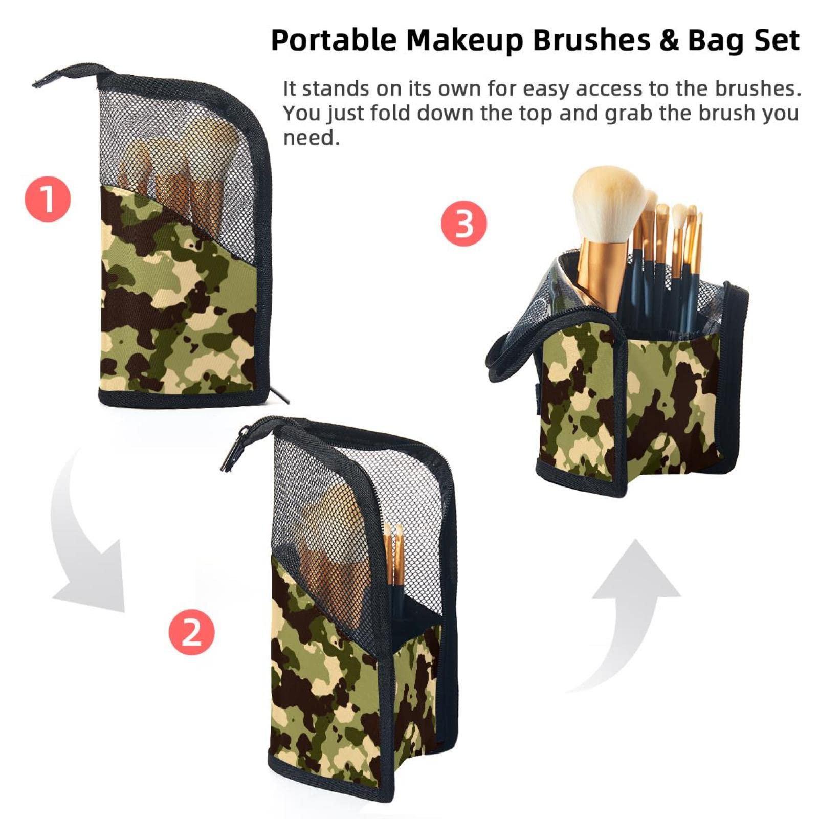 **12-Piece Makeup Brush Organizer Bag – Green Brown Camouflage, Portable Travel Makeup Brush Holder Case – Perfect for Travel, Home & Professional Makeup Artists**