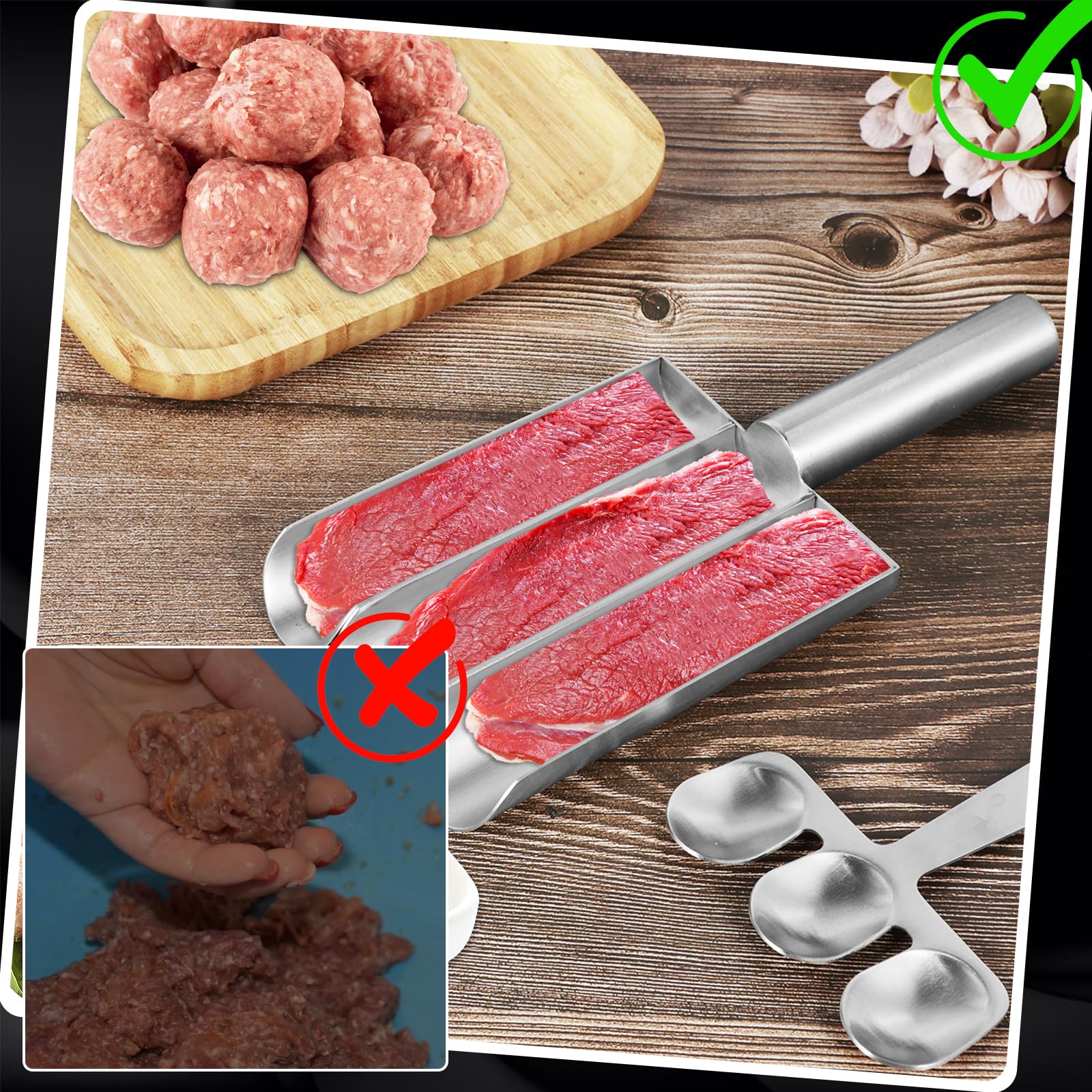 Stainless Steel Triple Meatball Scoop Maker with Scraper - Long Handle Manual Meat Baller for Perfect Meatballs & Cookie Dough - Ideal for Home Kitchen, Restaurant & Meal Prep