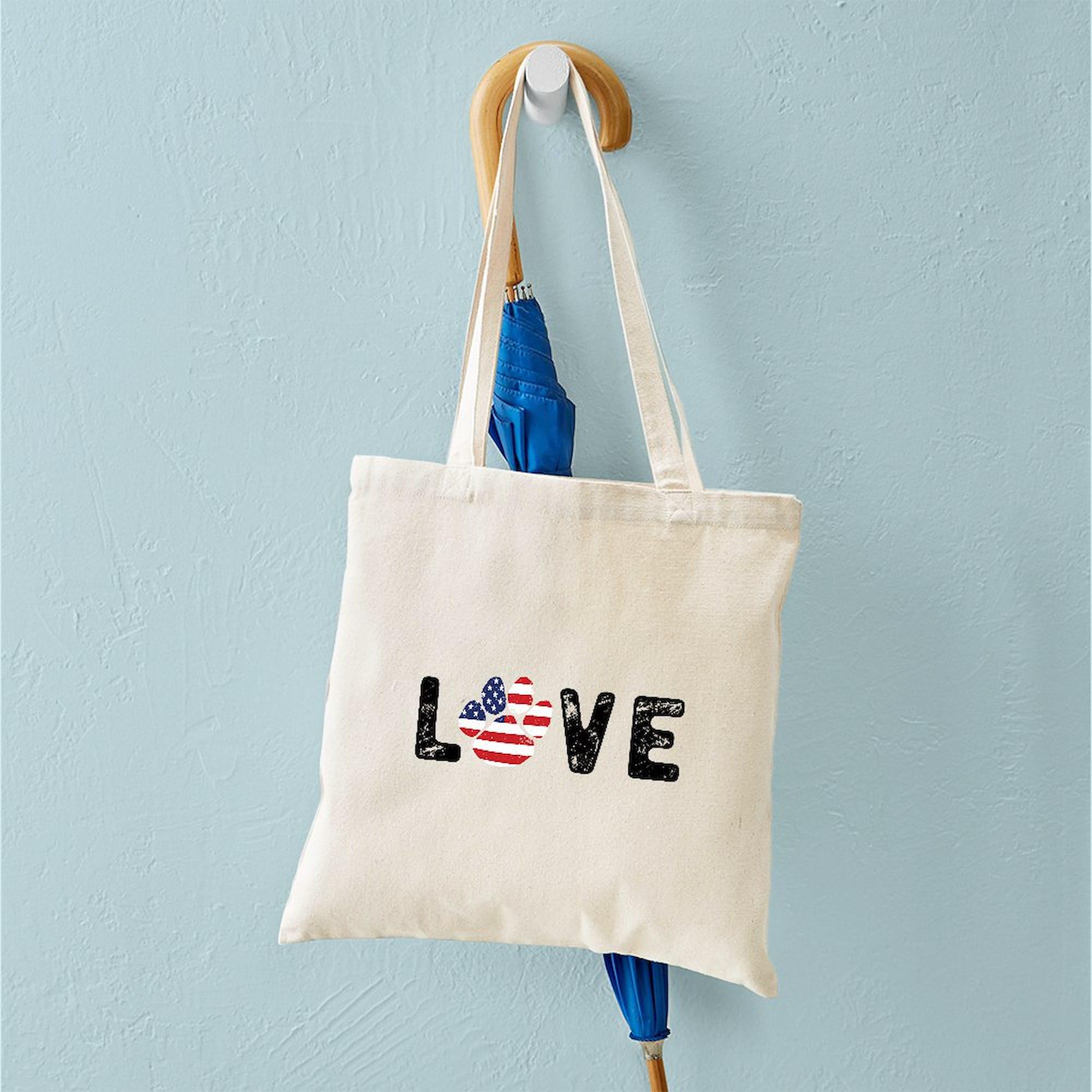 LOVE Paw Print Natural Canvas Tote Bag - Eco-Friendly Reusable Shopping Bag for Groceries, Beach & Pet Lovers