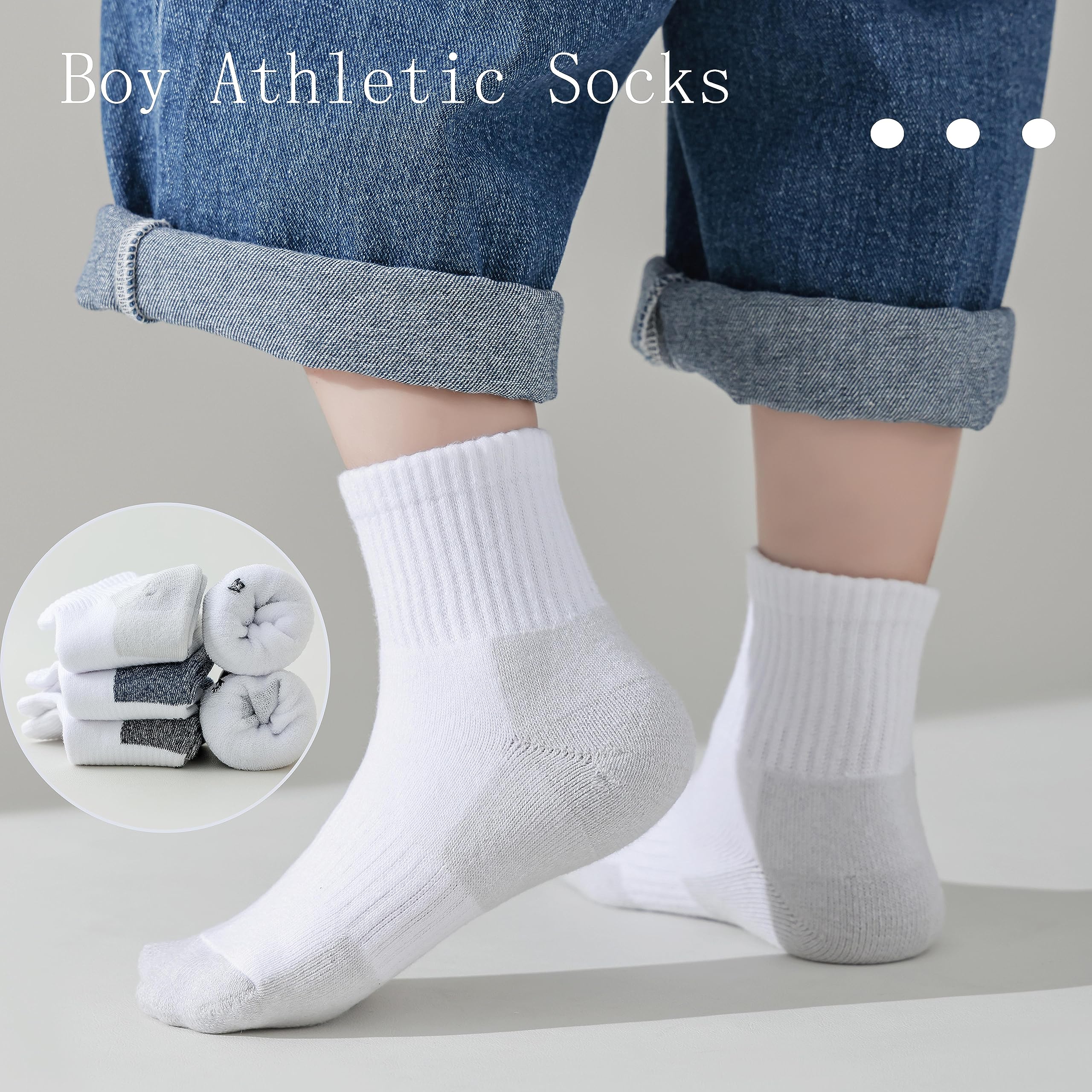Marchare Boys & Girls Athletic Running Socks - 6 Pack Cushioned Crew Socks for Kids, Thick Cotton Sports Socks in Black/White/Grey - Perfect for School, Sports & Daily Activities