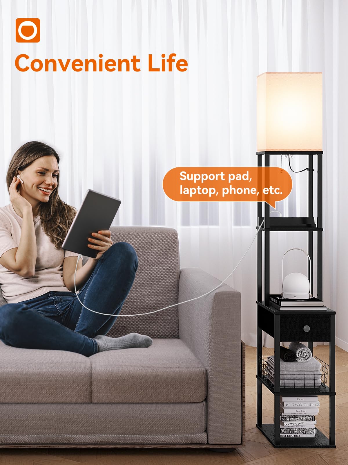 Addlon Modern Floor Lamp with 2 USB Ports, 1 Outlet & Storage Drawer - 3-Way Dimmable LED Bulb (9W) Included - White Fabric Shade & Shelves - Perfect for Living Room, Bedroom, Office Reading & Nightstand Lighting - Black Contemporary Design
