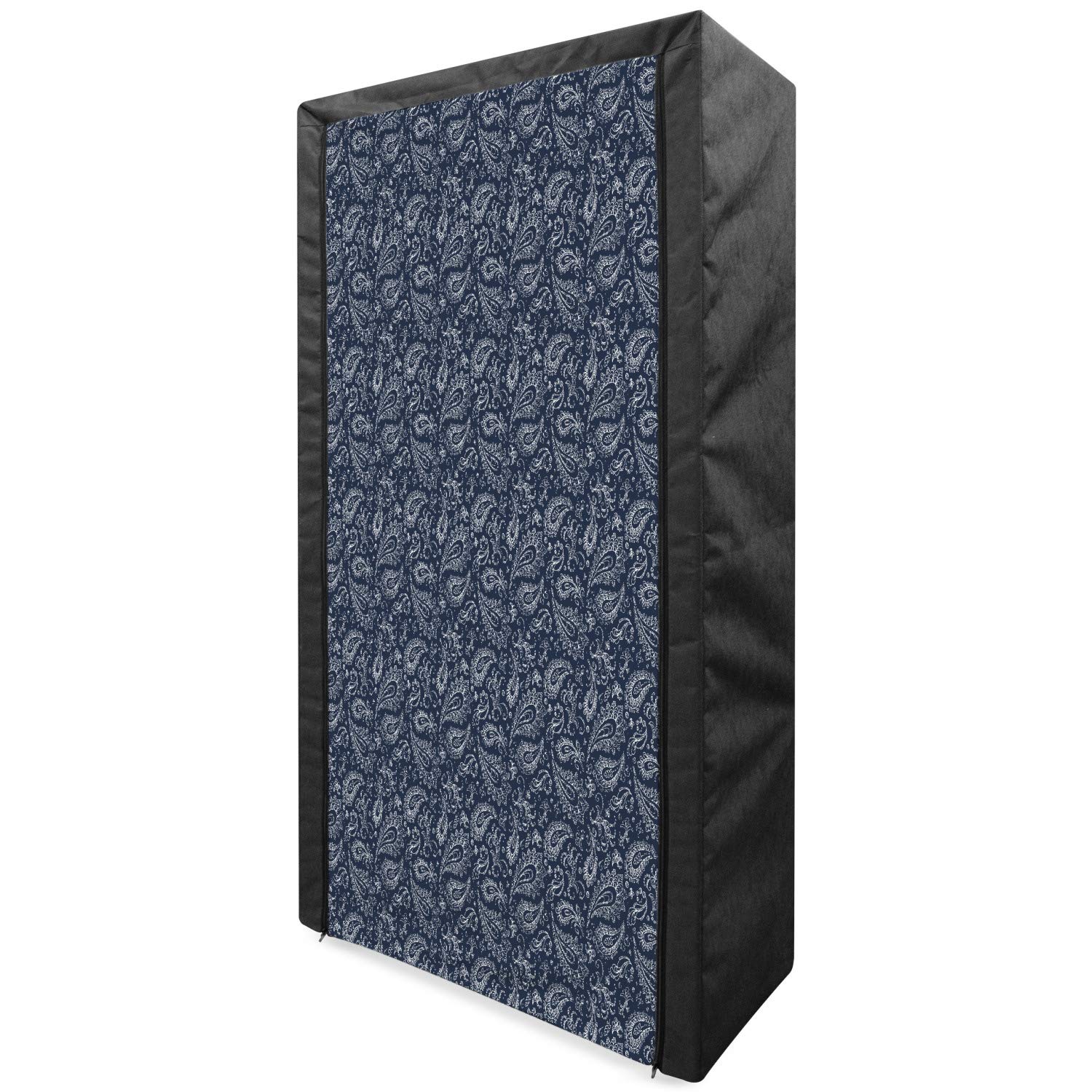 Ambesonne Paisley Portable Fabric Wardrobe - Vintage Bohemian Hand-Drawn Pattern Clothing Organizer with Shelves, 33.5 Inch Dark Blue & White Storage Closet for Bedroom, Dorm or Travel Use