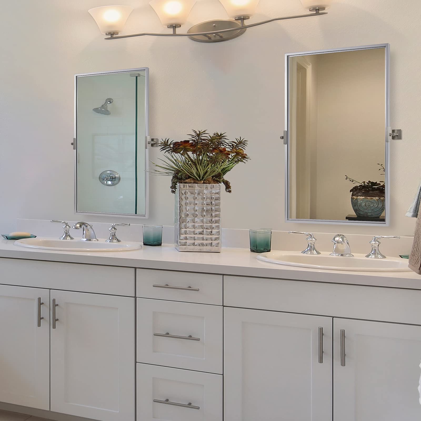 24x36 Inch Modern Silver Pivot Mirror - Square Pivots, Floating Bathroom Wall Mirror for Vanity, Vertical Hanging (27.75