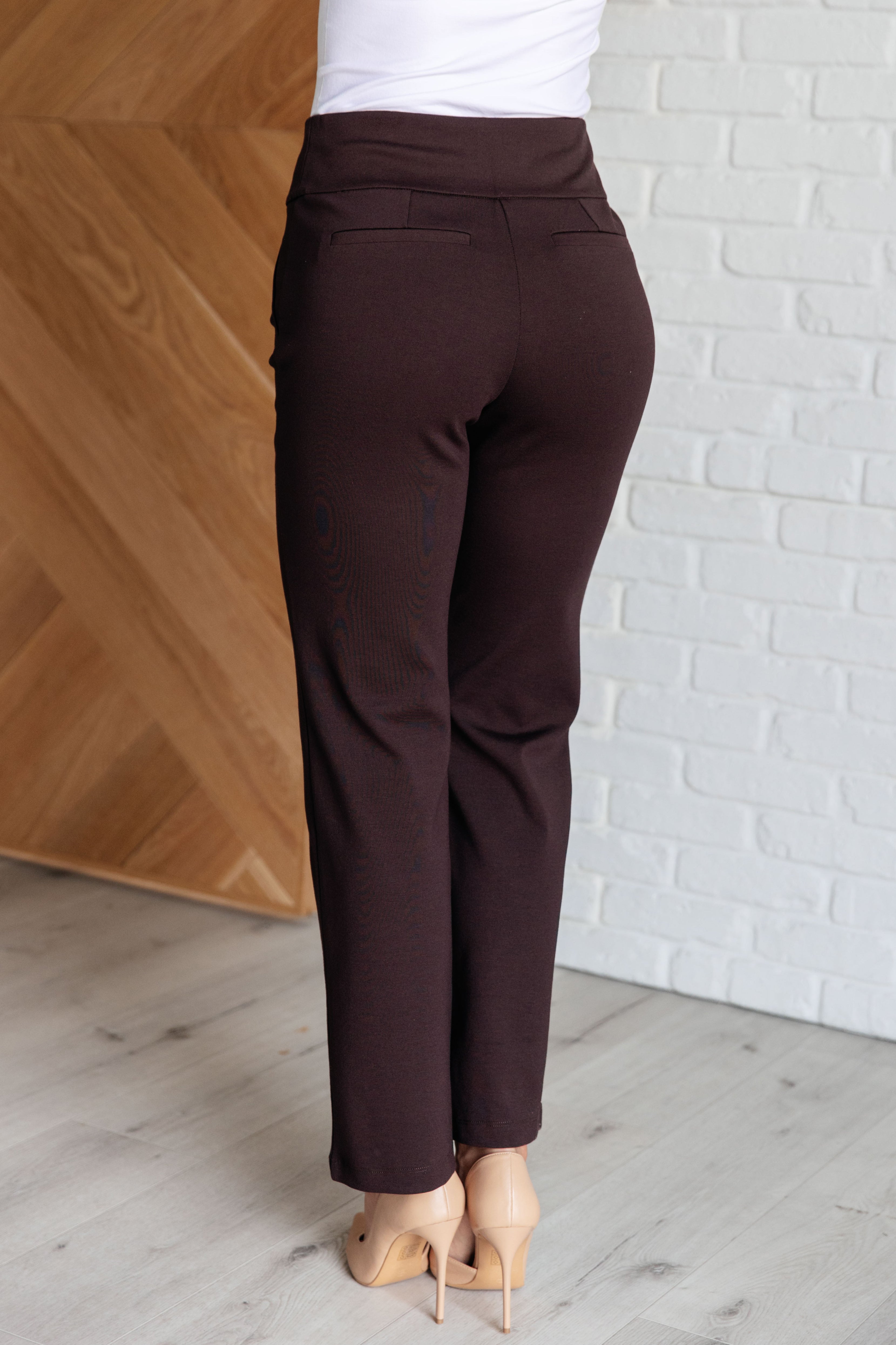 Magic Straight Leg Pants for Women - Chocolate Brown High Waist Trousers | Office Wear, Business Casual & Everyday Comfort
