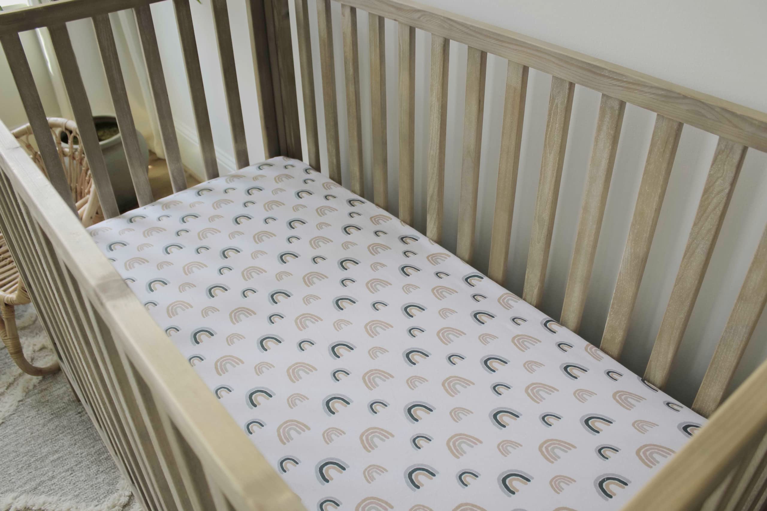NODNAL CO. 3-Pack Fitted Crib Sheets Set - 100% Oeko-TEX Certified Cotton Baby Crib Sheets for Boys & Girls - Rainbow & Solid Colors, Boho Gender Neutral Watercolor Beige/Tan - Fits Toddler Mattress 28”x52”x9” - Perfect for Nursery, Daycare & Travel